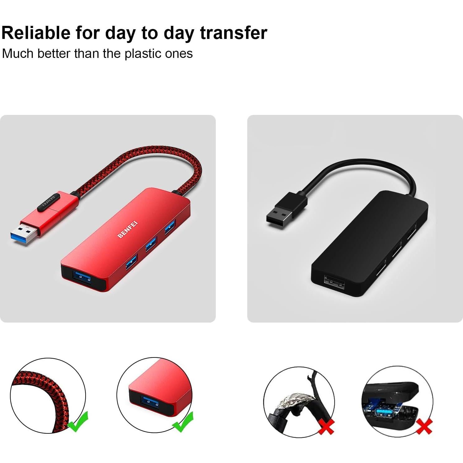 HUB USB 3.0 BENFEI Tipo-A y Tipo-C 4 Puertos Rojo