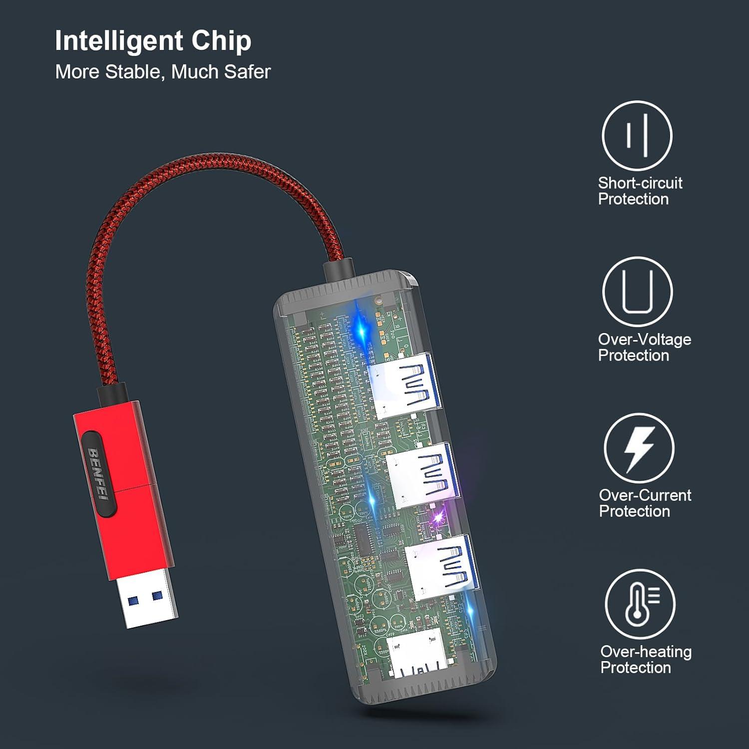 HUB USB 3.0 BENFEI Tipo-A y Tipo-C 4 Puertos Rojo