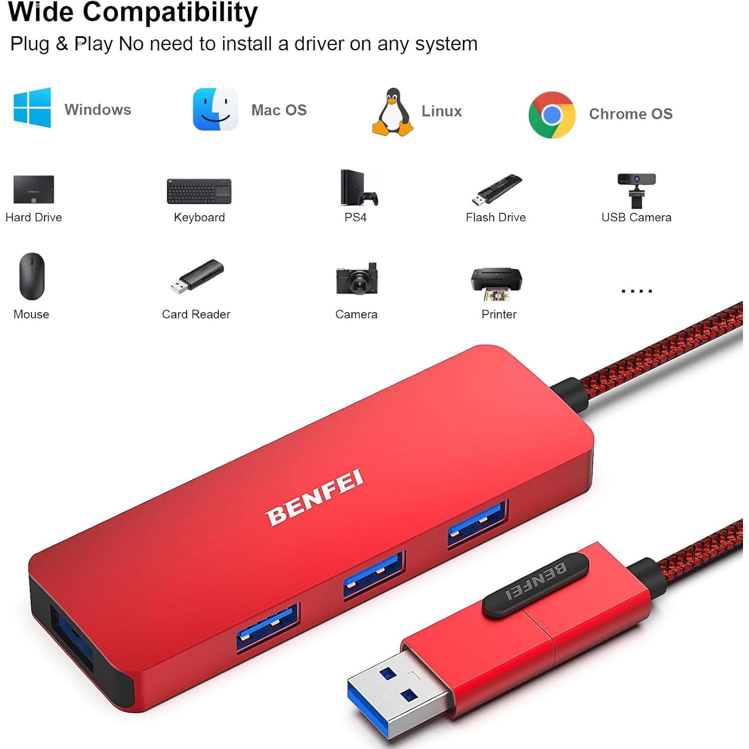 HUB USB 3.0 BENFEI Tipo-A y Tipo-C 4 Puertos Rojo