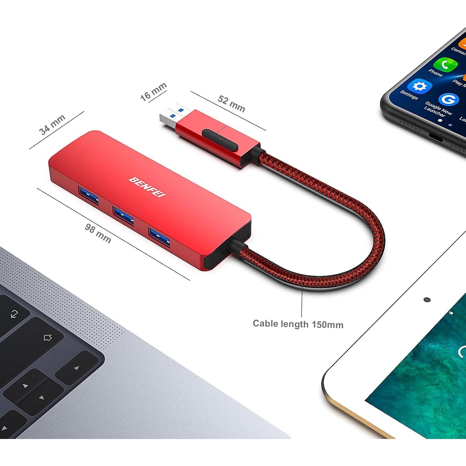 HUB USB 3.0 BENFEI Tipo-A y Tipo-C 4 Puertos Rojo