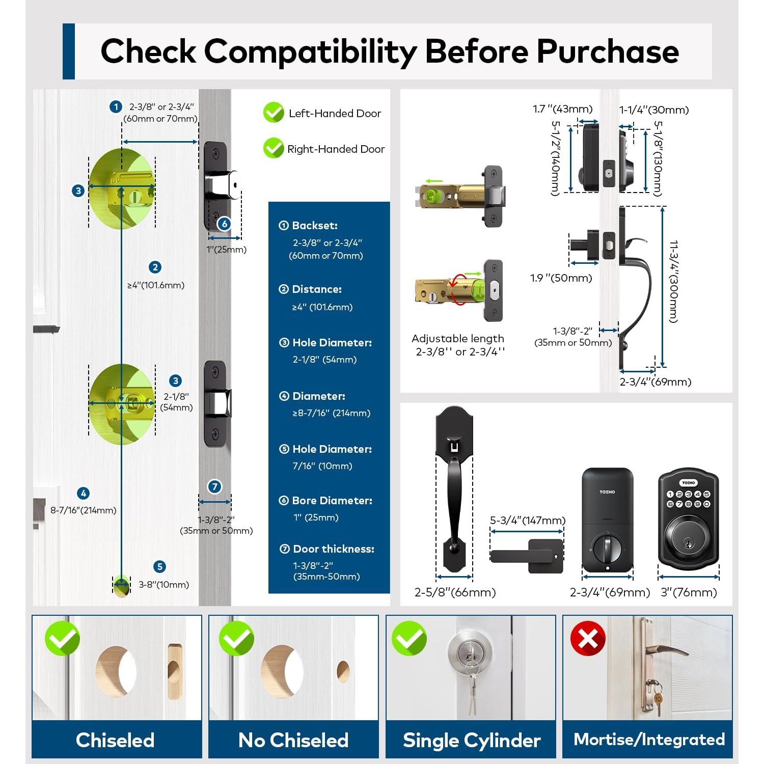 Cerradura de Puerta Sin Llave TEEHO TK001H con Manija - Negro Mate