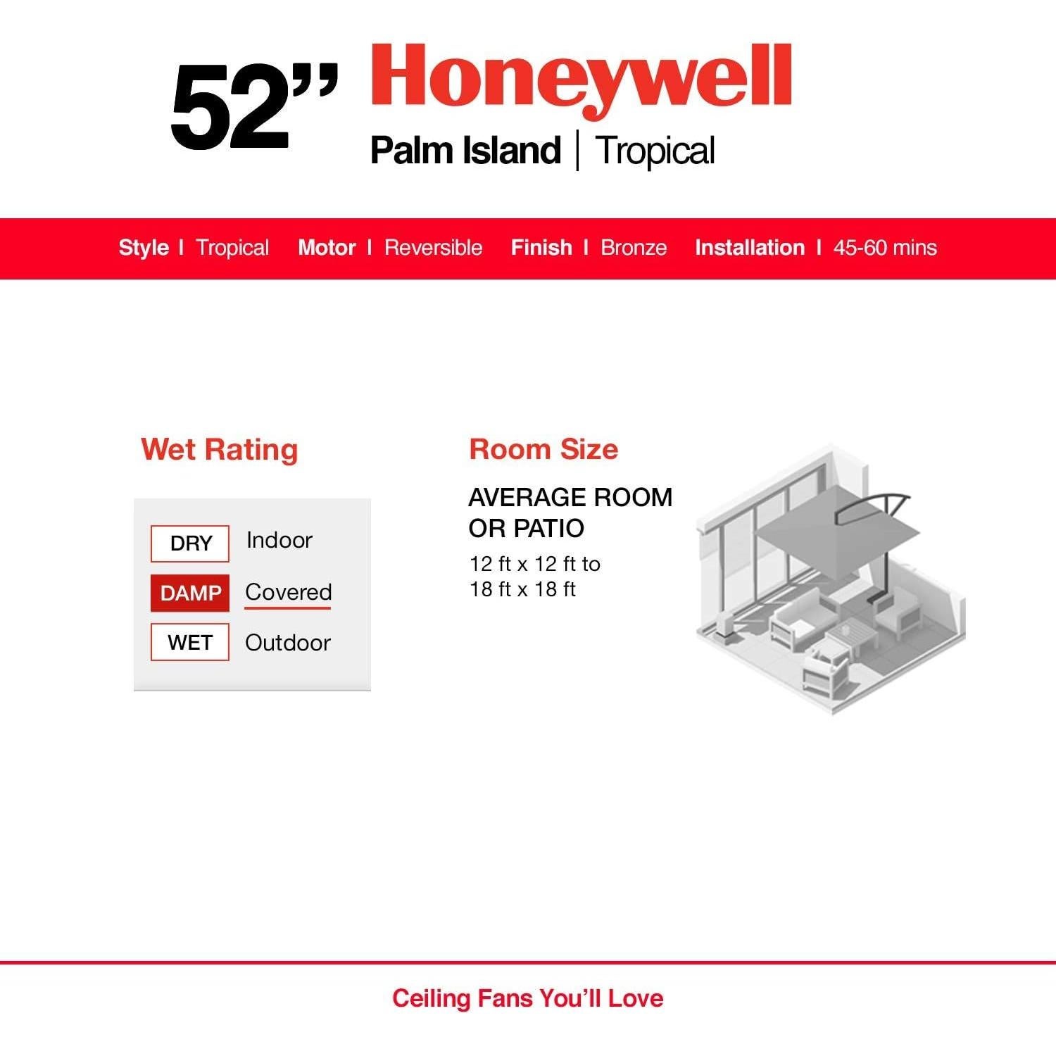 Ventilador de Techo Honeywell Palm Island 132 cm Bronce Sin Luz