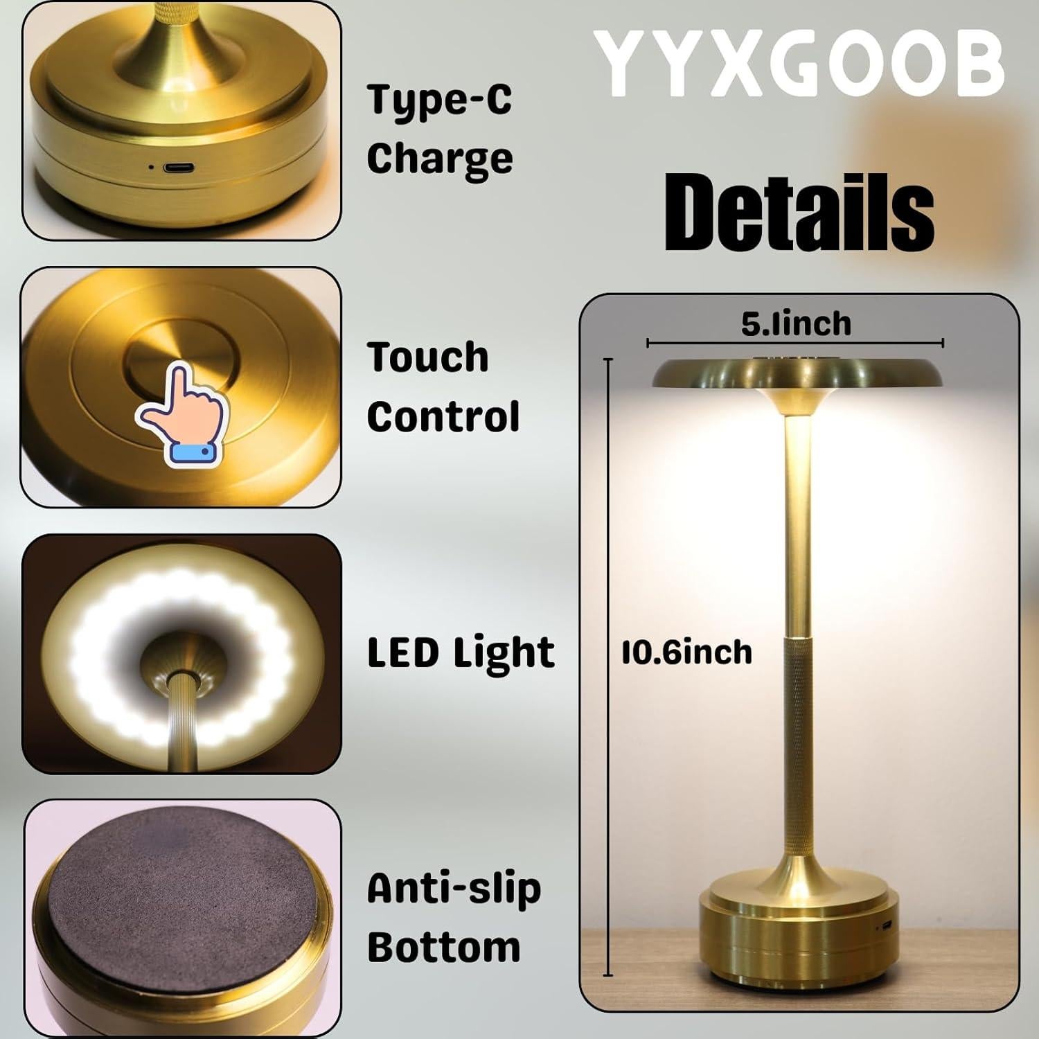 Lámpara de Mesa LED Recargable YYXGOOB Dorada 5200mAh