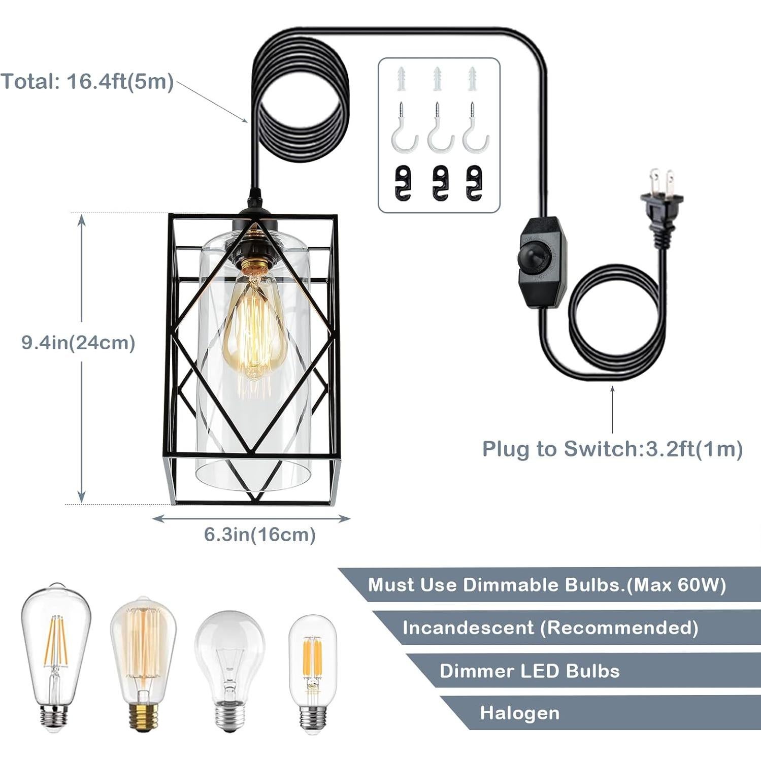 Luz Colgante Enchufable HMVPL con Regulador 16x24cm Negro
