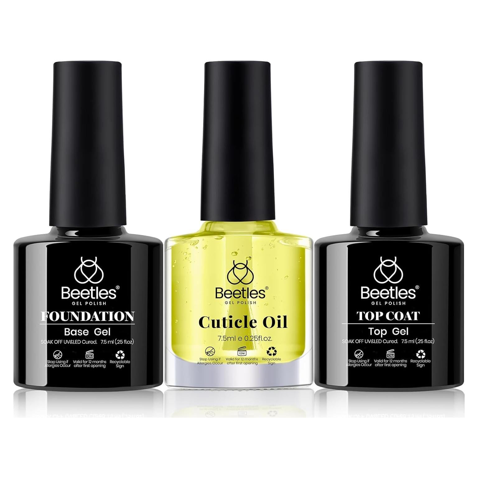 Conjunto Gel Base y Top Coat + Aceite Cutículas Beetles 3Pcs