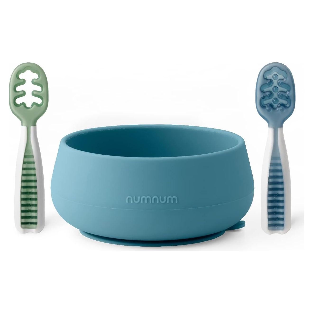 Tazón de Succión NumNum Azul/Verde 355ml + 2 Cucharas
