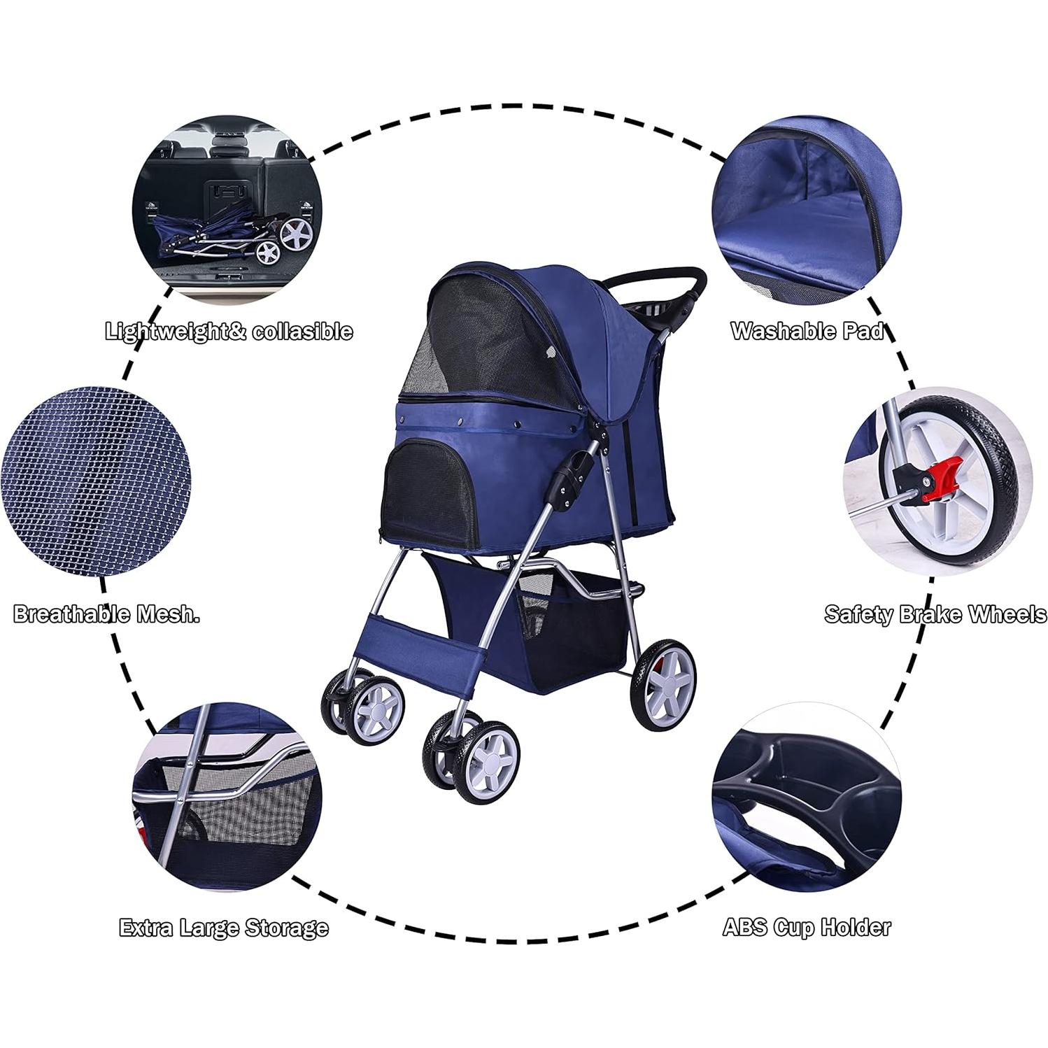 Carrito para Mascotas Elevon Plegable 4 Ruedas Azul