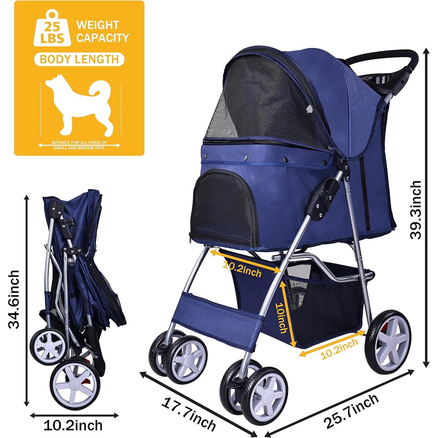 Carrito para Mascotas Elevon Plegable 4 Ruedas Azul