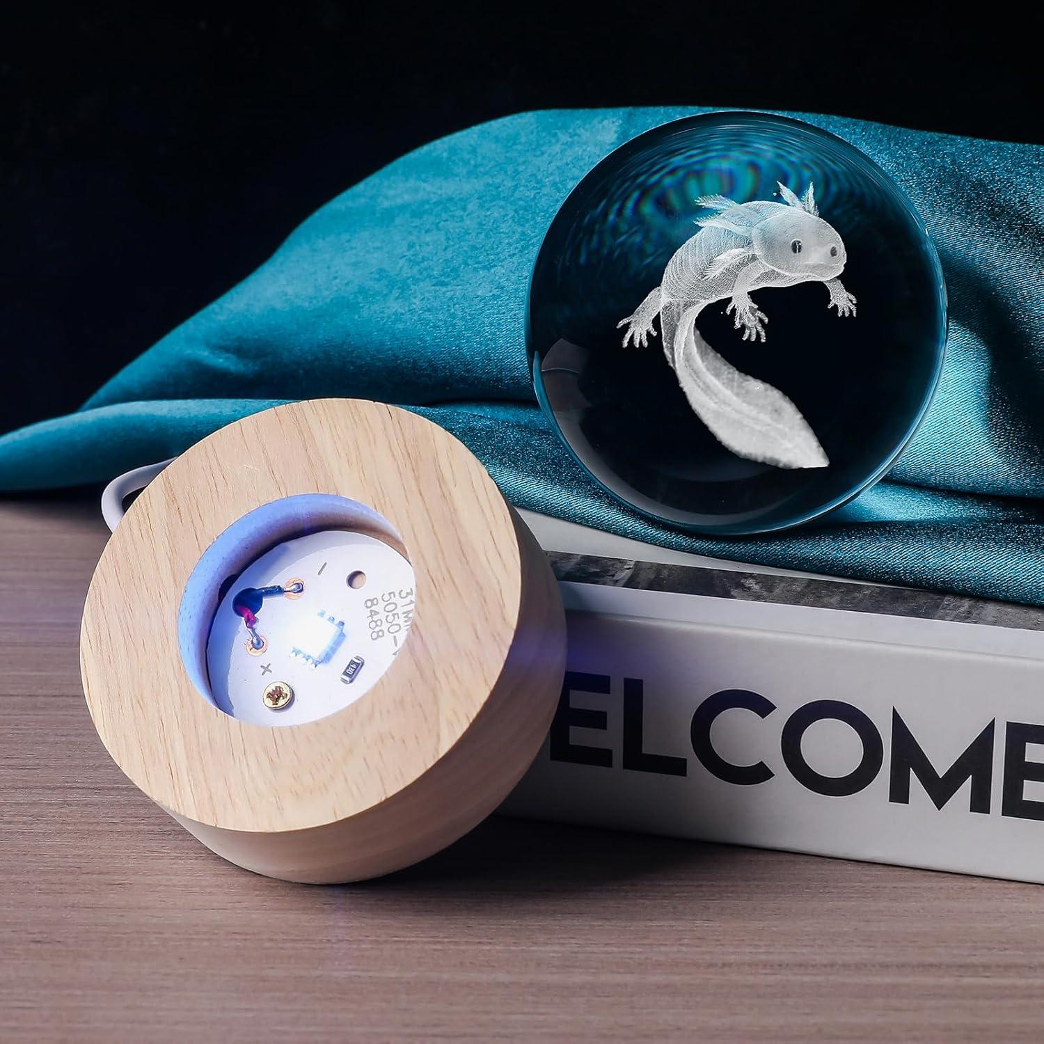 Bola de Cristal 3D Axolotl 60mm con Base LED Multicolor