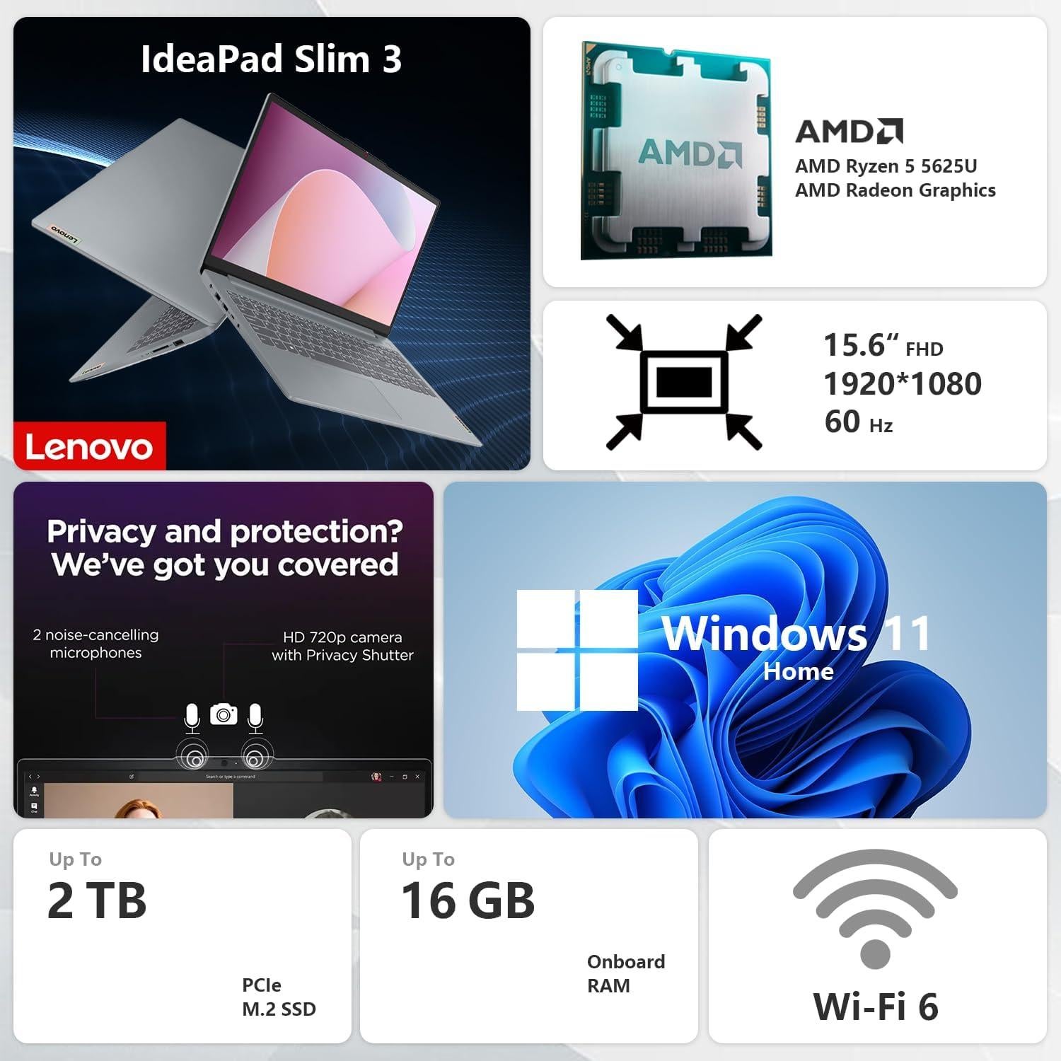 Laptop Lenovo IdeaPad Slim 3, 15.6" FHD, Ryzen 5, 16GB RAM, 1TB SSD
