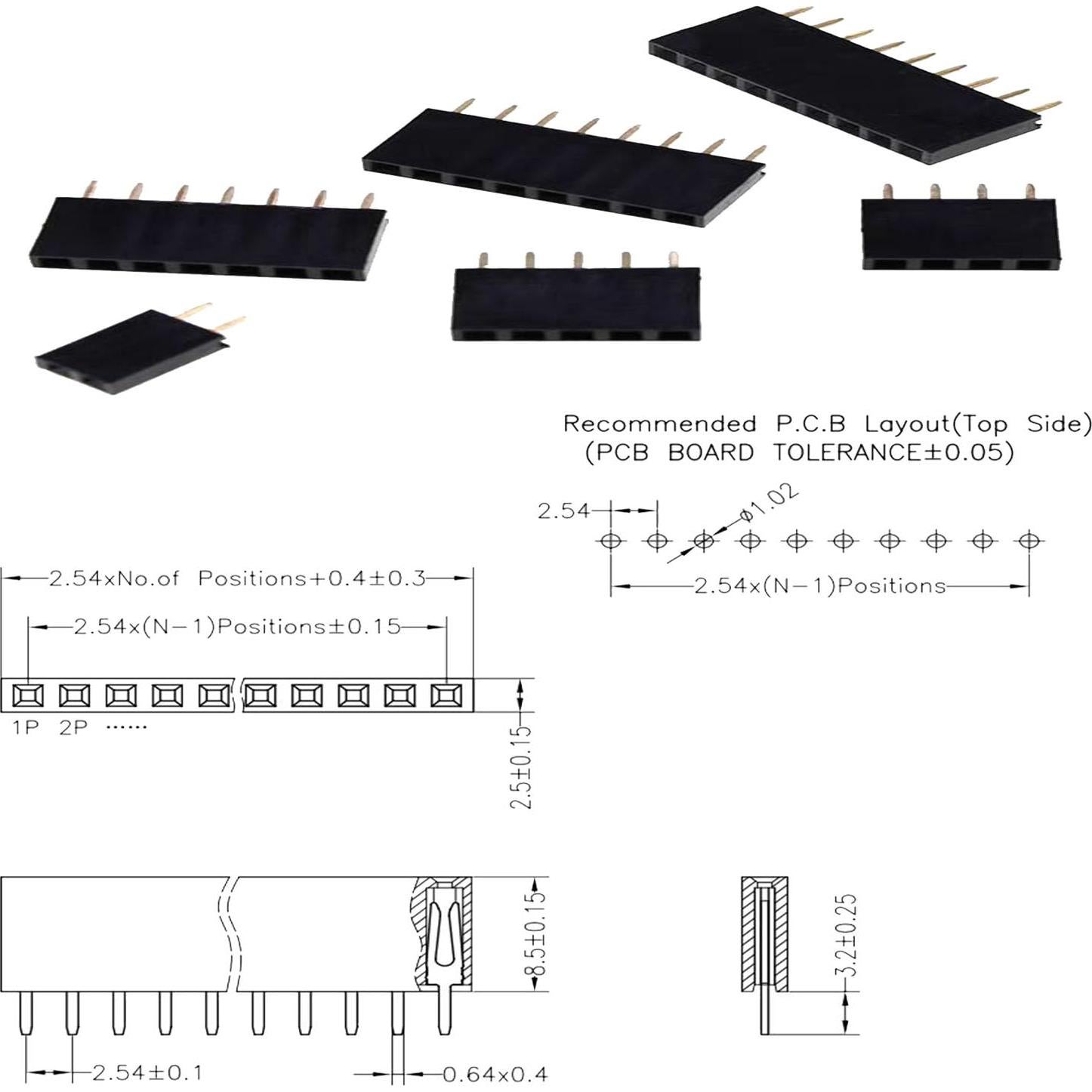Conector hembra de pines 1x2 de 2.54mm - Paquete de 100