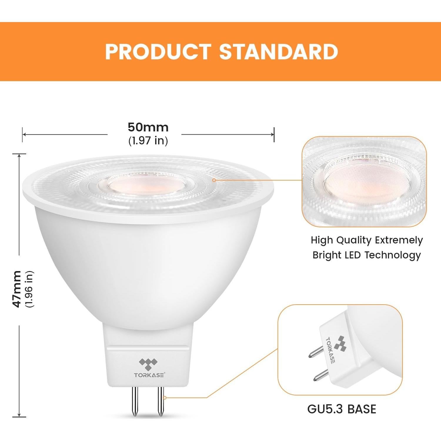 Bombilla LED Torkase MR16 5W GU5.3 3000K Paquete de 6