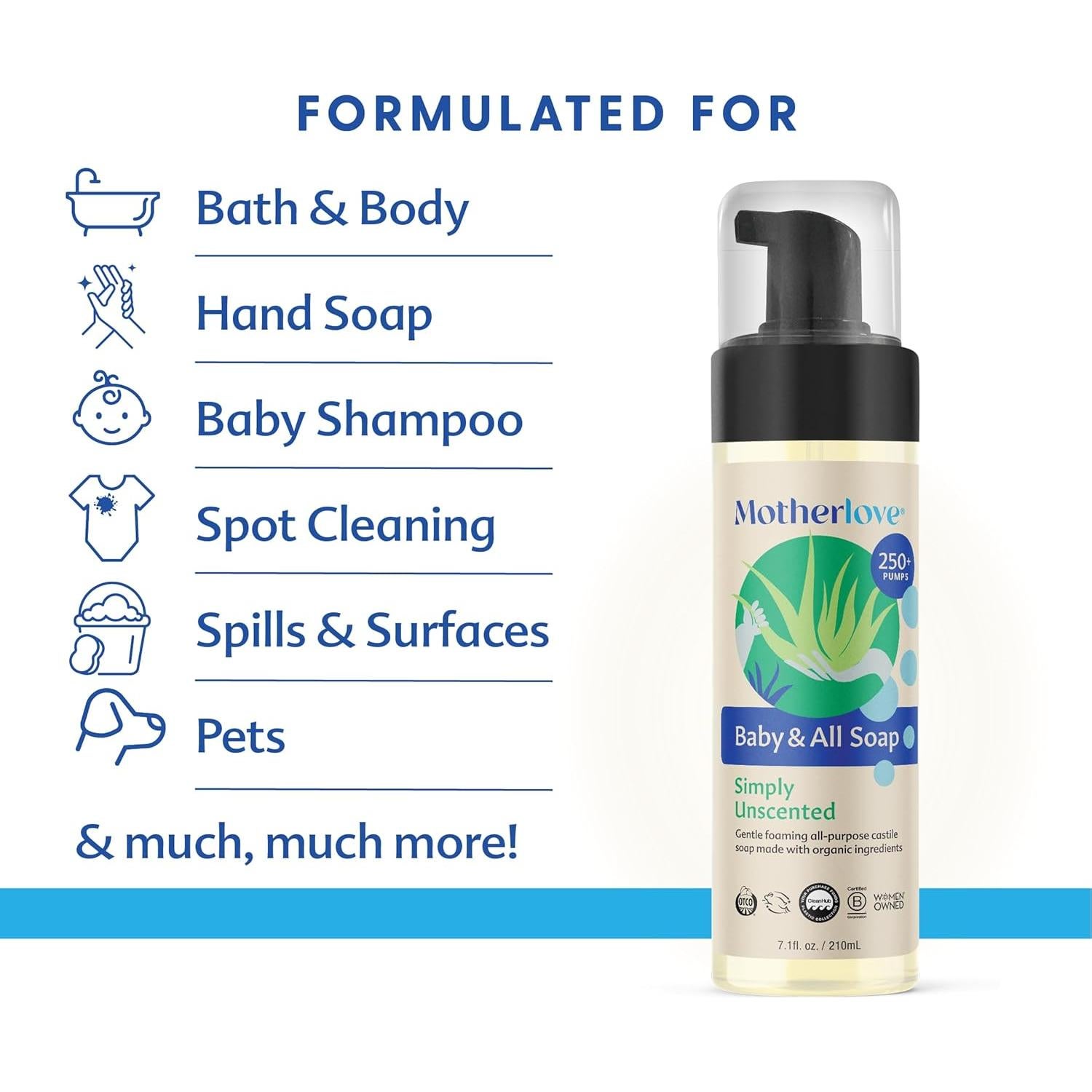 Jabón de Castilla Espumoso Motherlove 32 oz Orgánico Sin Fragancia