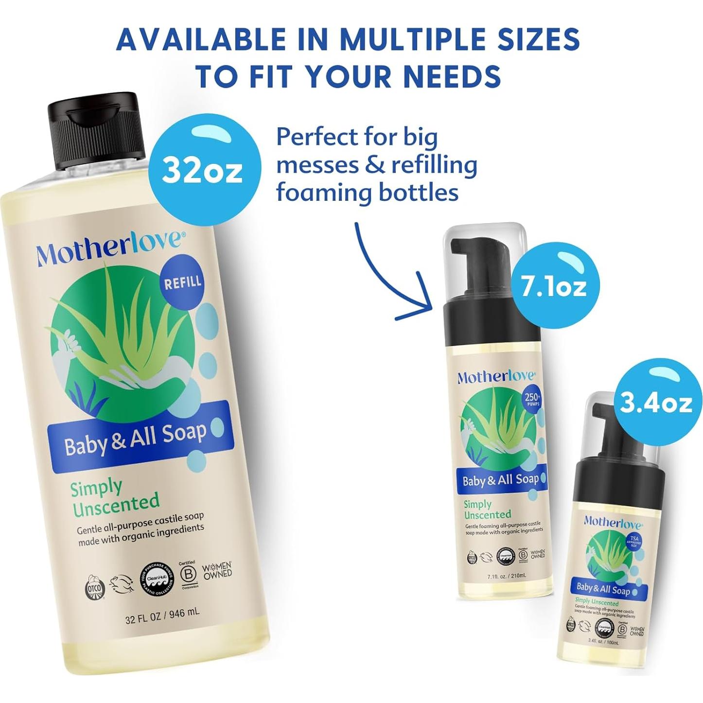 Jabón de Castilla Espumoso Motherlove 32 oz Orgánico Sin Fragancia