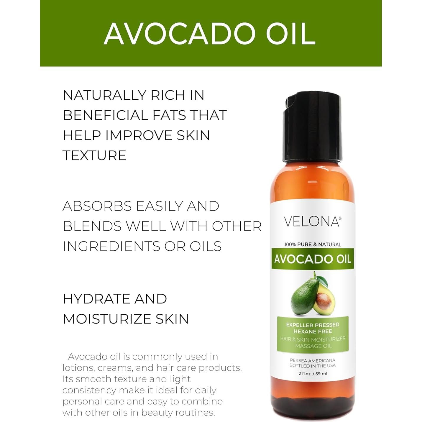 Aceite de Aguacate Velona 60 ml 100% Puro Prensado en Frío