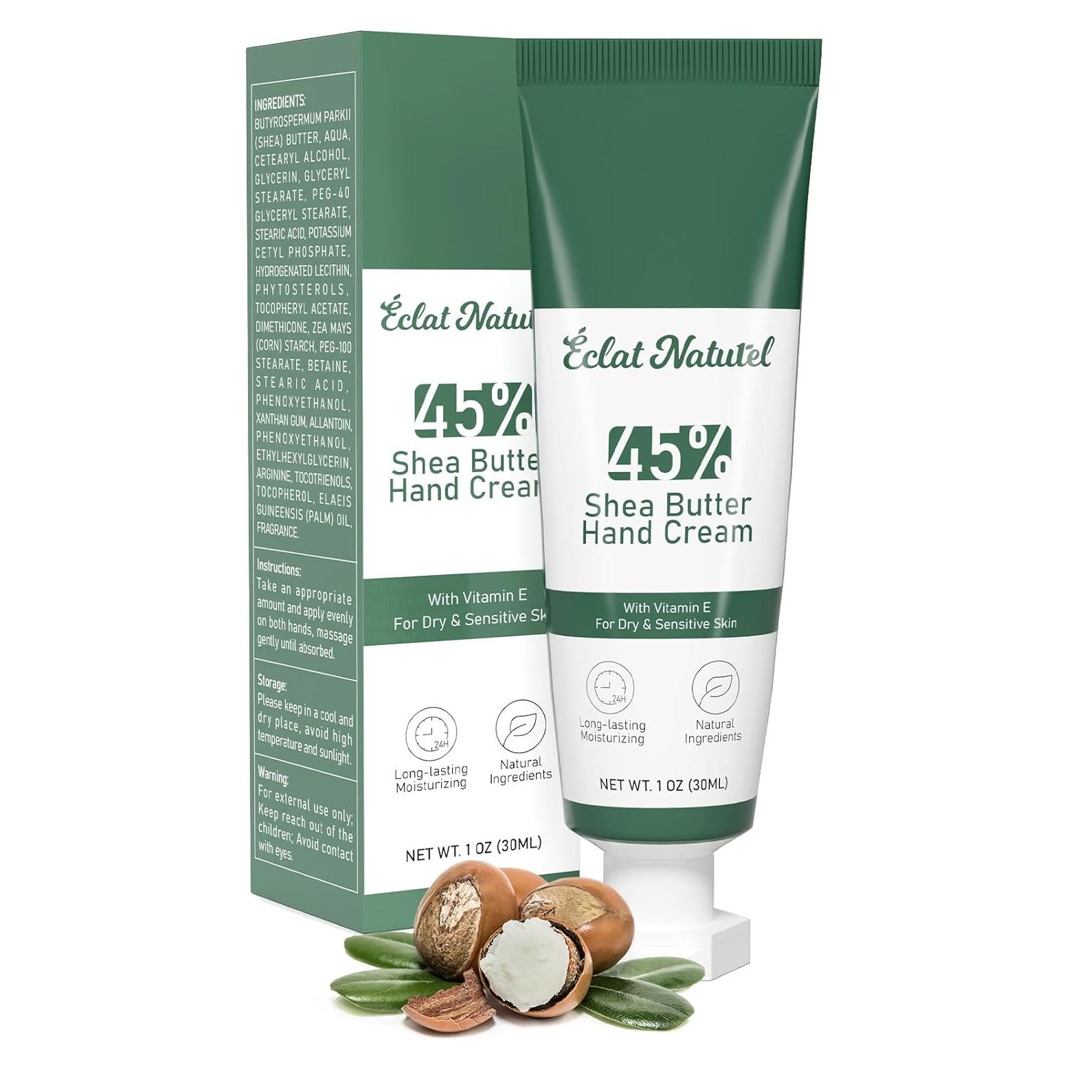 Shea Butter Hand Cream, Made with 45% Shea Butter and Vitamin E Hand Moisturizer, Deep Moisturizing Dry Hands, Mini Hand Lotion Travel Size, 1 Fl Oz