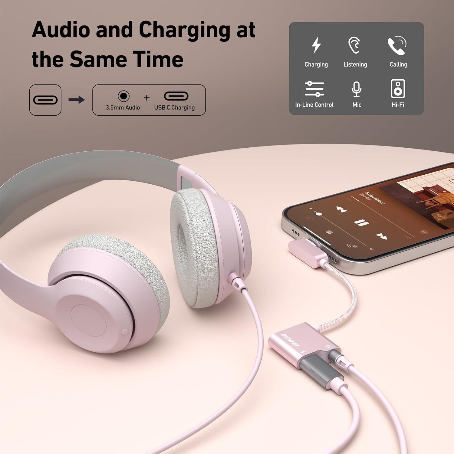 Adaptador USB C a Jack 3.5mm BENFEI Rosa con Carga 60W