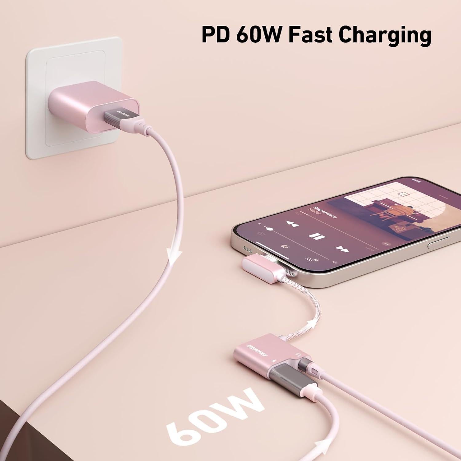 Adaptador USB C a Jack 3.5mm BENFEI Rosa con Carga 60W