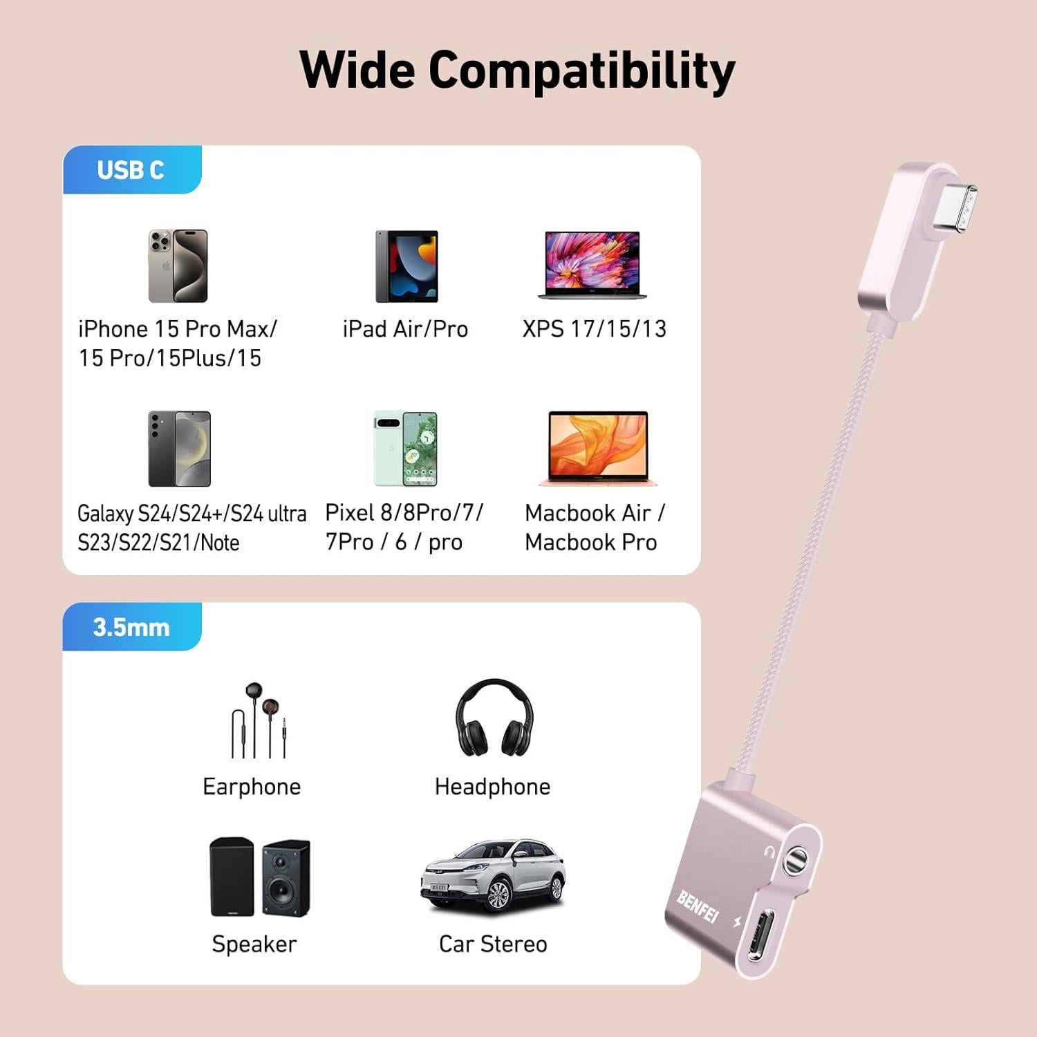 Adaptador USB C a Jack 3.5mm BENFEI Rosa con Carga 60W
