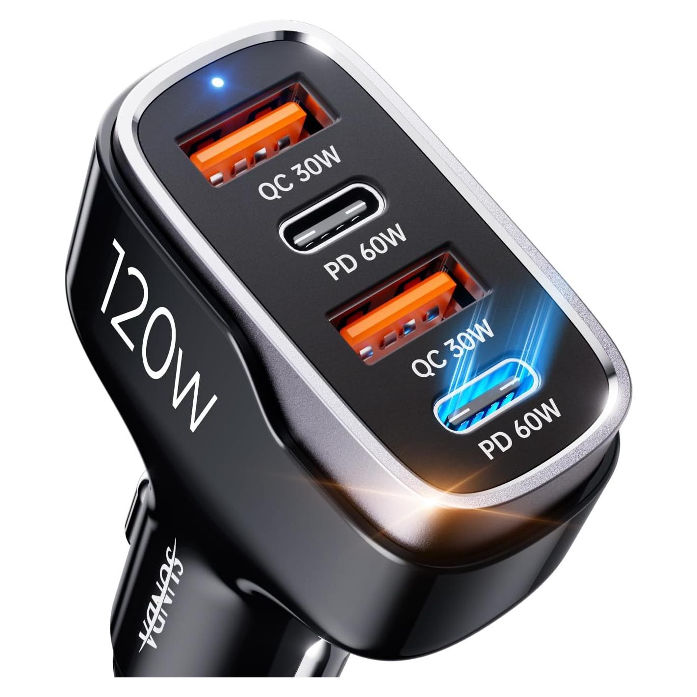 Cargador Rápido para Coche SUNDA 120W USB-C 4 Puertos PD60W