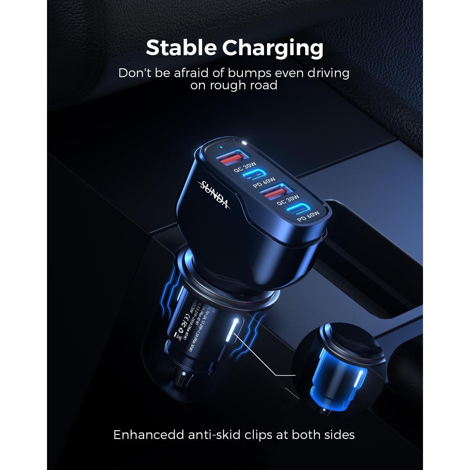 Cargador Rápido para Coche SUNDA 120W USB-C 4 Puertos PD60W