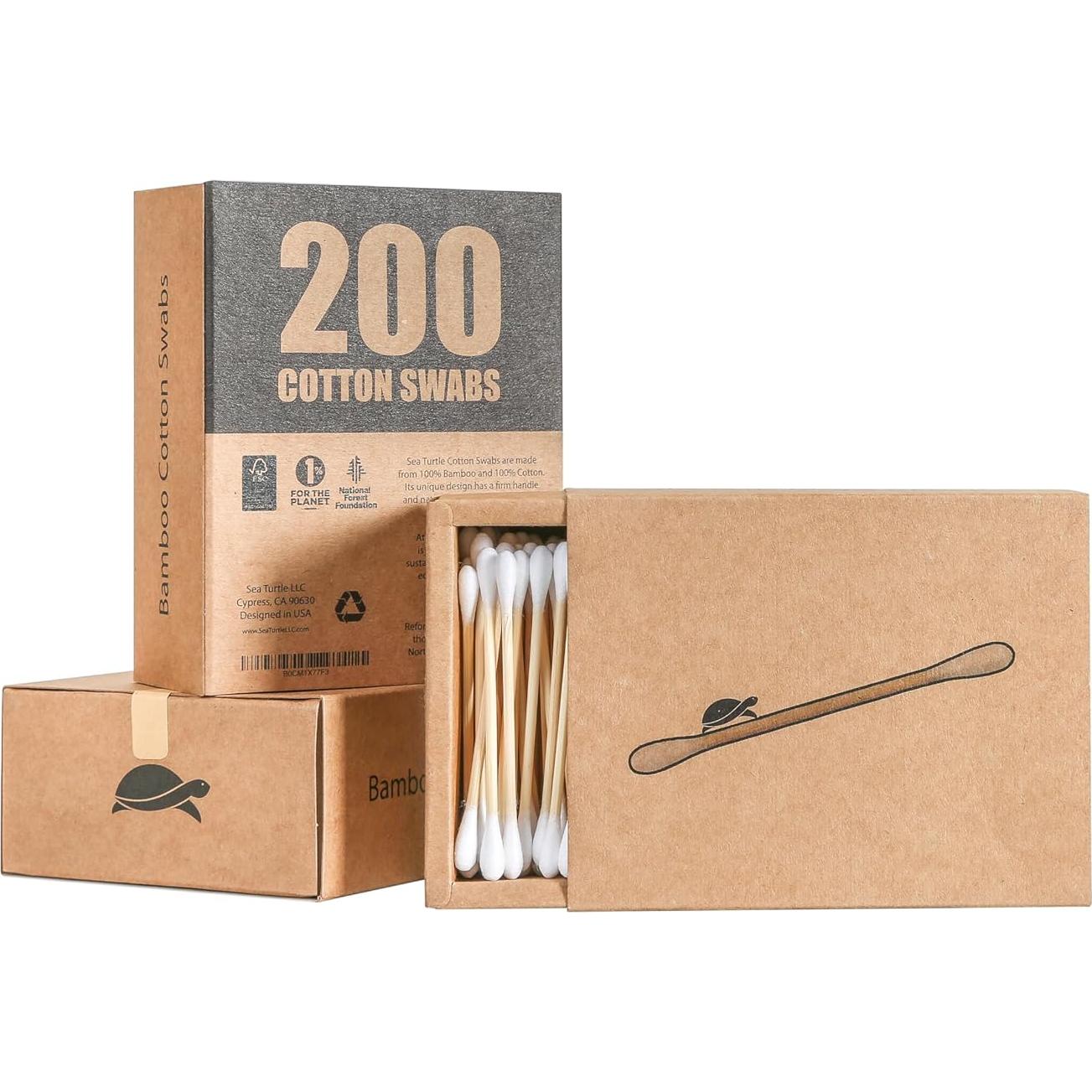 Hisopos de Algodón de Bambú Sea Turtle 200 Unidades - Ecológicos y Veganos