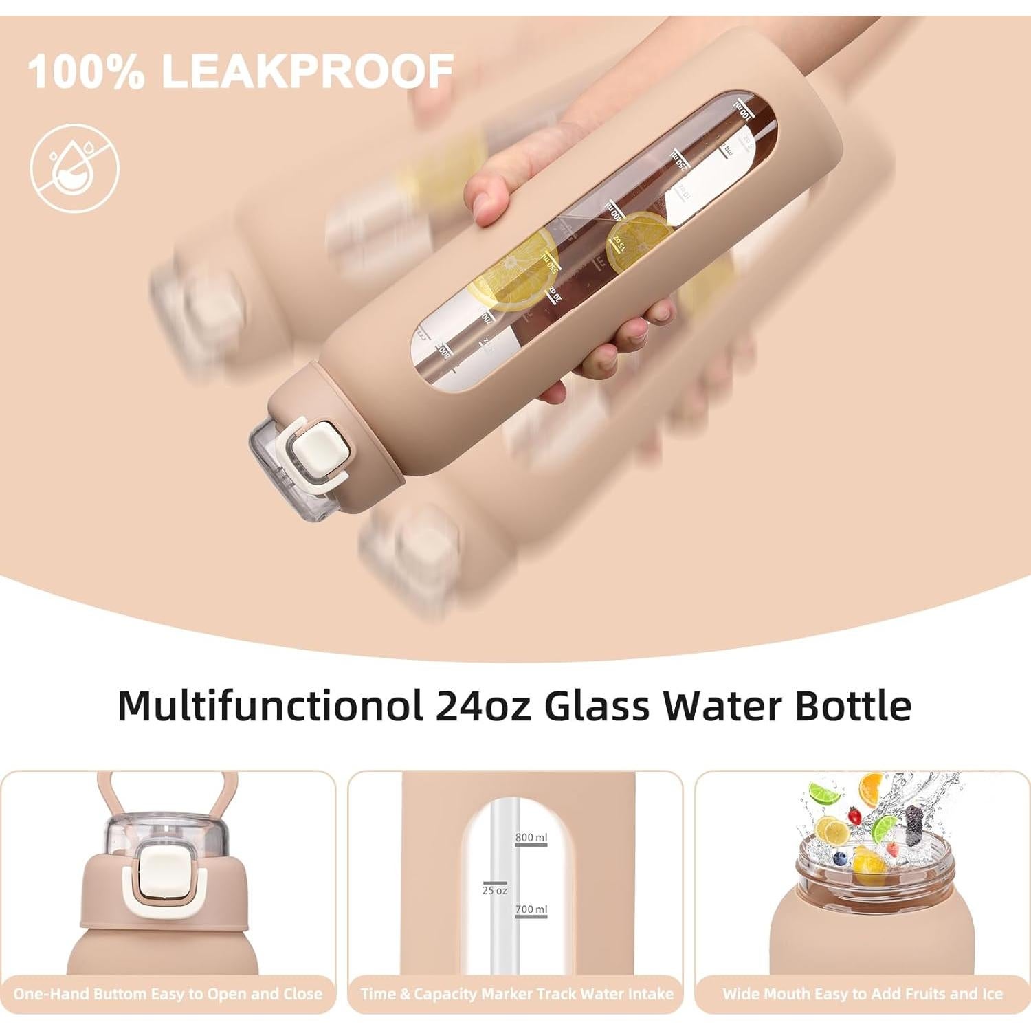 Botella de Agua de Vidrio Chunmo 710ml con 2 Tapas y Manga