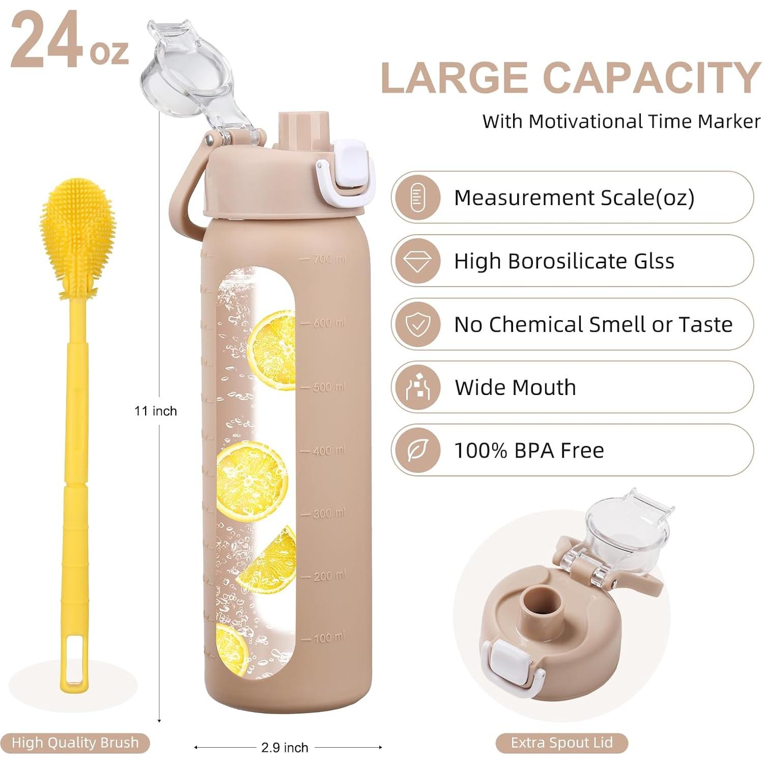 Botella de Agua de Vidrio Chunmo 710ml con 2 Tapas y Manga