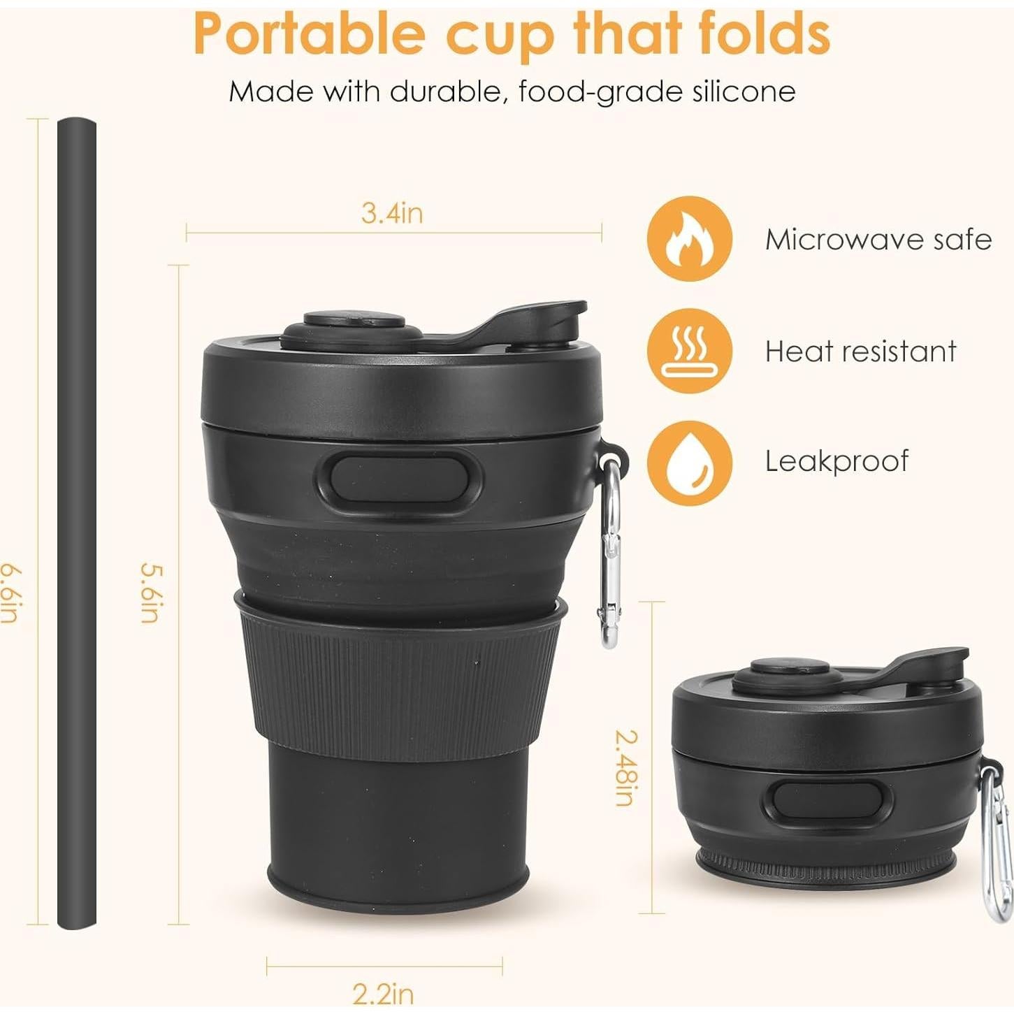 Taza Plegable QJJIPP Negra 450ml Silicona Reutilizable