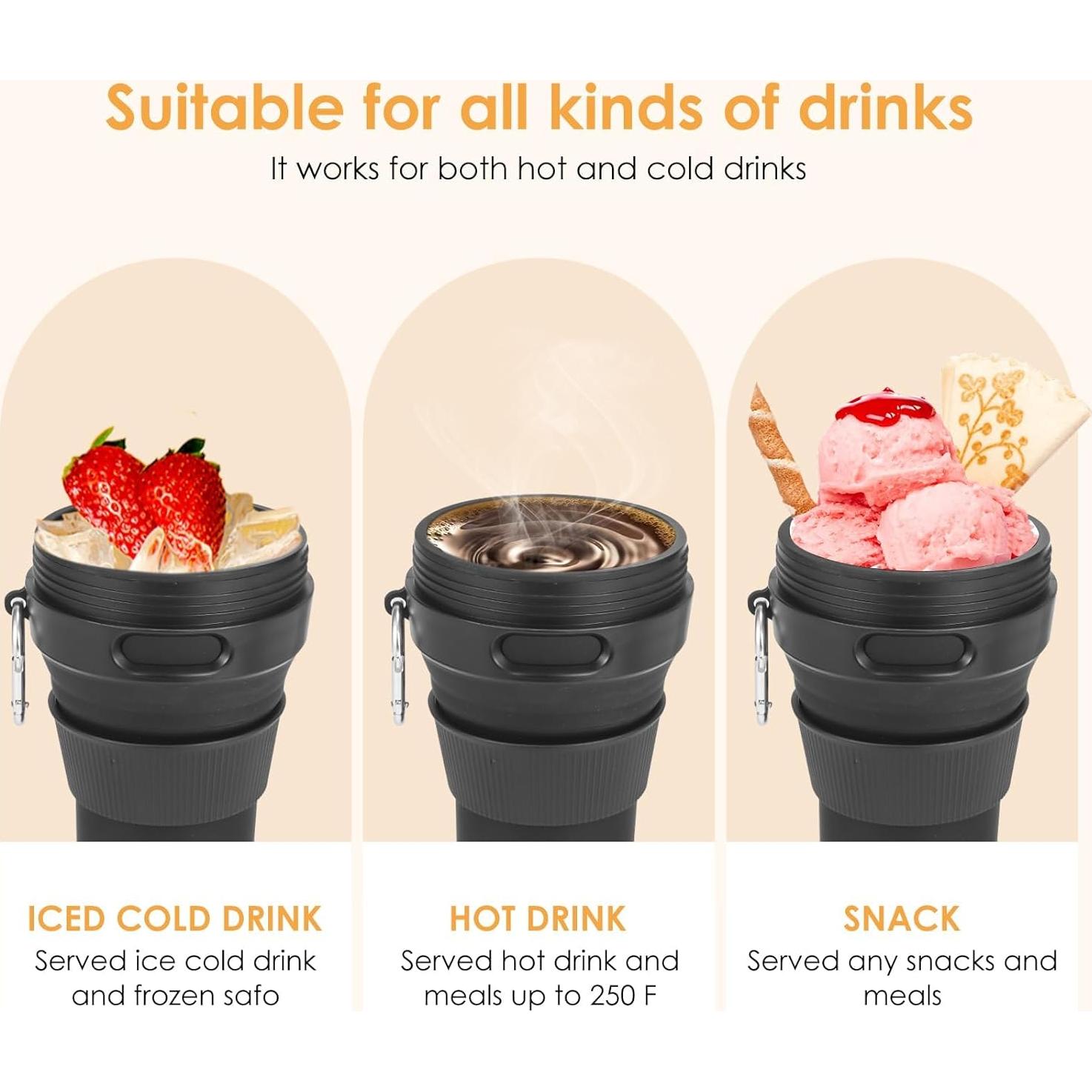 Taza Plegable QJJIPP Negra 450ml Silicona Reutilizable