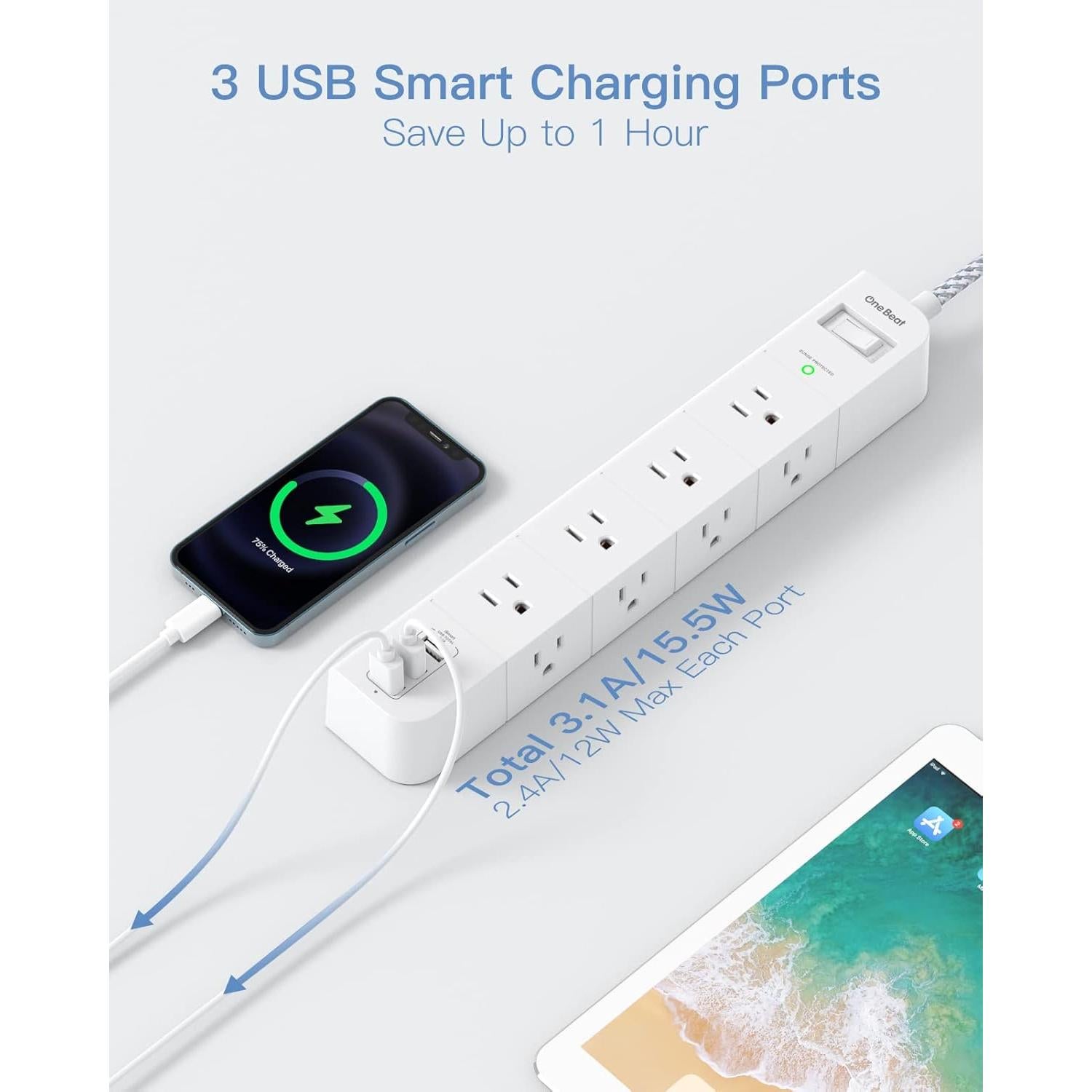 Regleta de Extensión One Beat 5FT con 8 Salidas AC y 3 USB