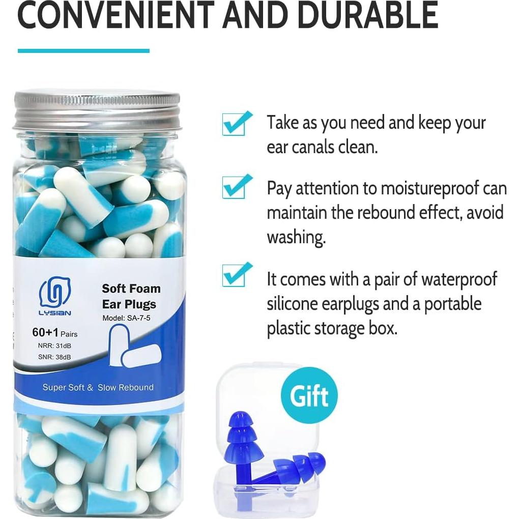 Tapones para oídos LYSIAN 60 pares 38dB para dormir y ruido