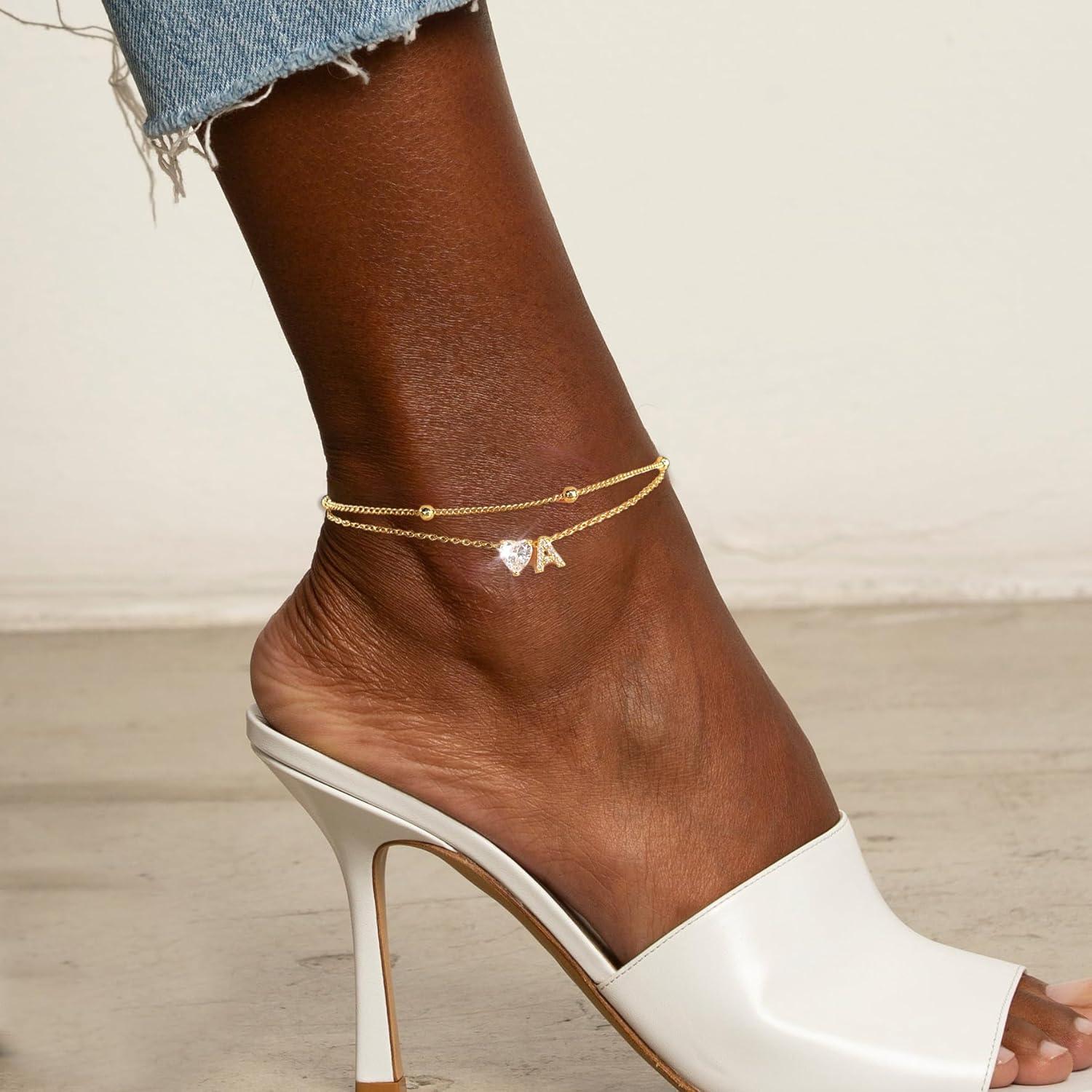 Pulsera de Tobillo de Oro 14K MYYOII con Iniciales CZ Ajustable