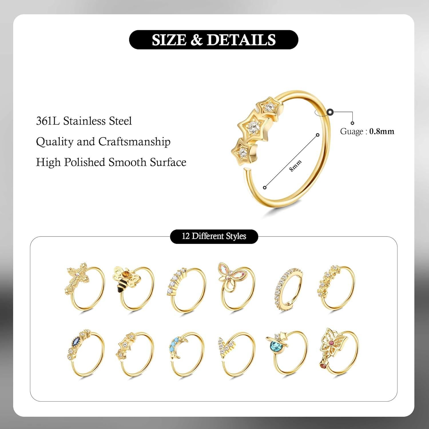 Dochais 12 Aros Nasales 20G Acero Inoxidable Quirúrgico