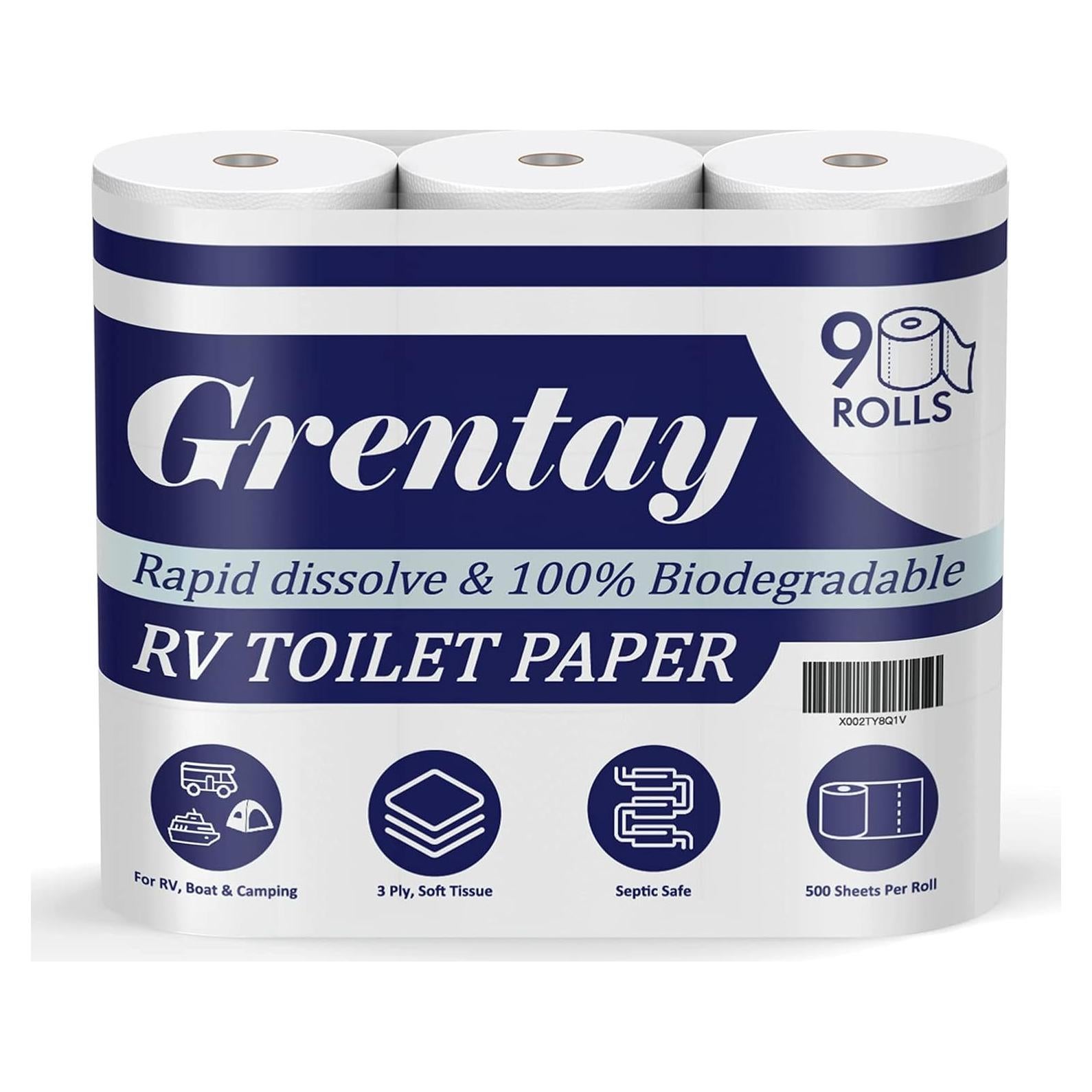 Papel Higiénico Biodegradable Grentay 9 Rollos 500 Hojas 3 Capas