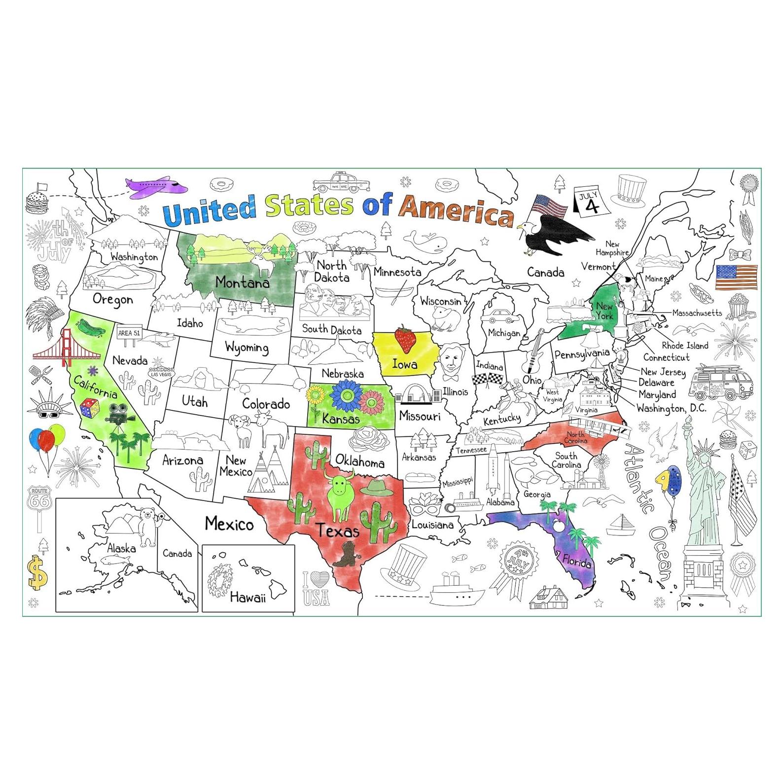 Póster para Colorear Mapa de EE. UU. PartyGarden 137x83 cm