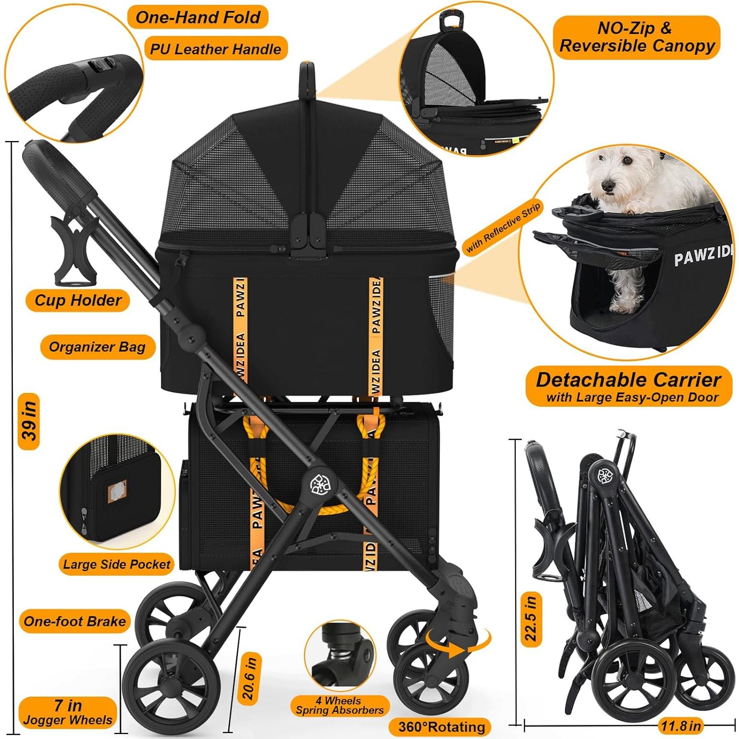 Carrito Doble para Mascotas PAWZIDEA Guerrero Negro 57x44cm
