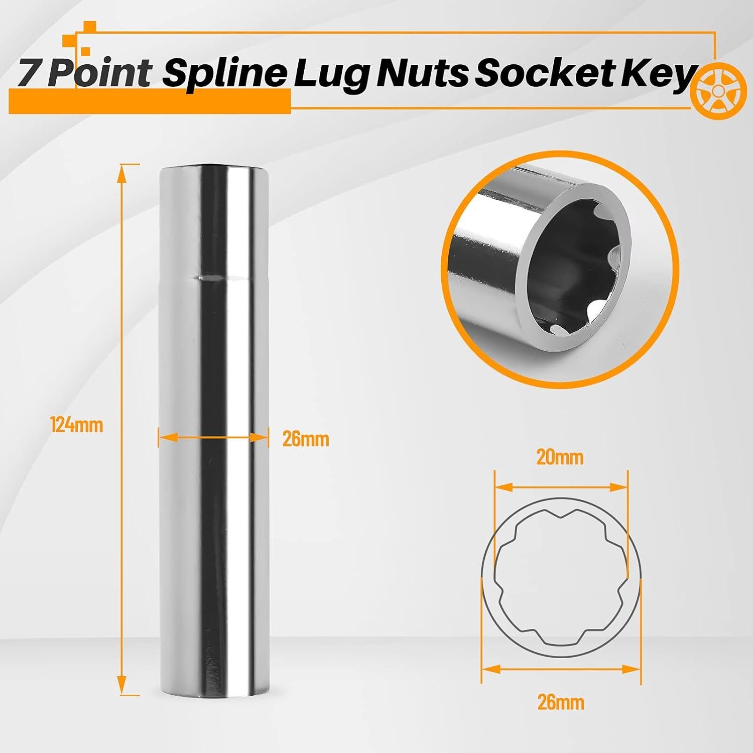 MIKKUPPA 7 Point Spike Lug Nuts Socket Key, 20mm Inner Diameter SAE 1/2" Drive Replacement Hex Socket Tuner Tool for M14x1.5, M14x2.0, 9/16 Chevy Silverado Truck Aftermarket Spiked Wheel Lug Nut
