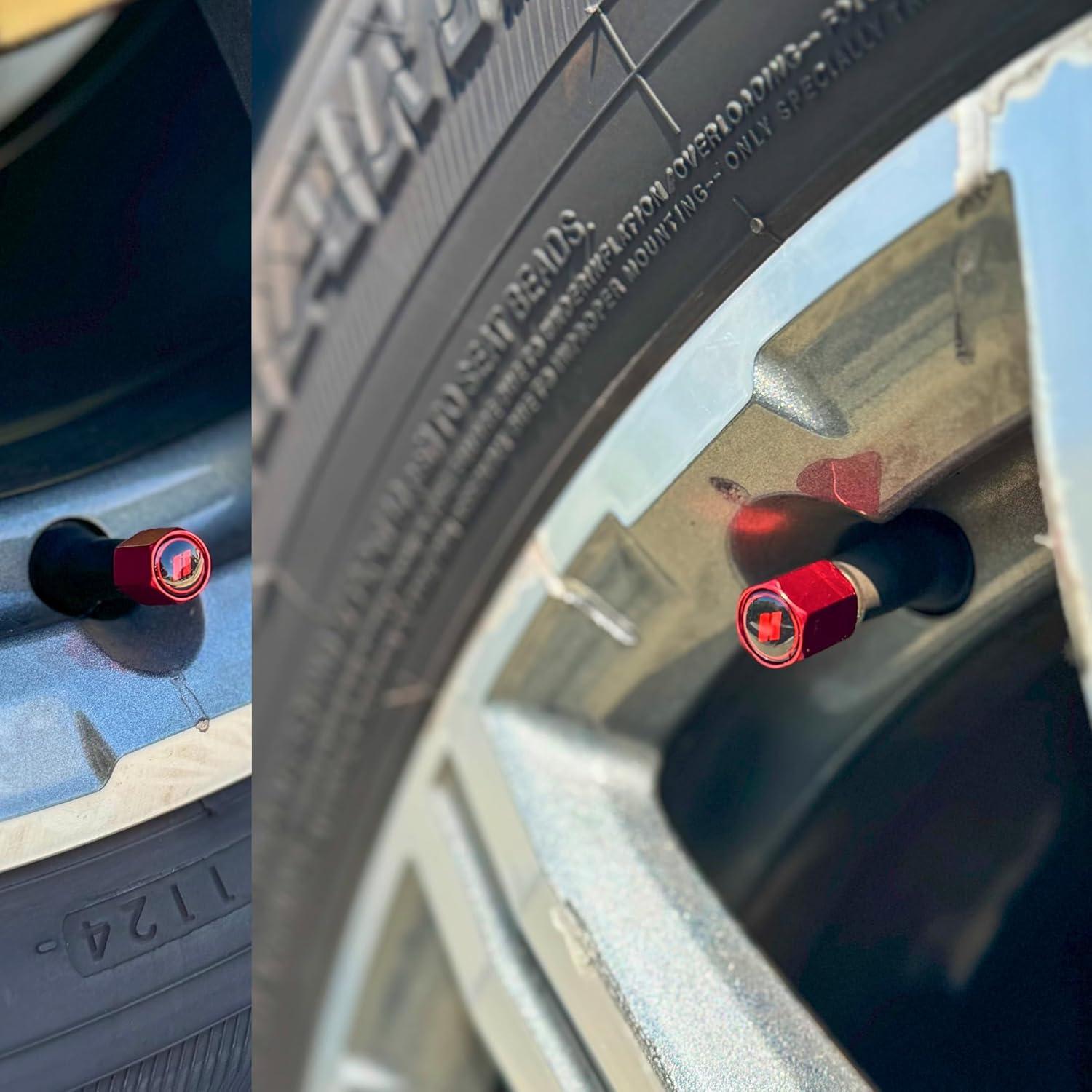 TACTILIAN Red Tire Valve Stem Caps for Dodge Tire Valve 4 Pack | Leakproof Aluminum Tire Valve Caps with Rubber O-Ring Compatible with Dodge Valve Stem Caps for Challenger, Charger, Ram, Durango