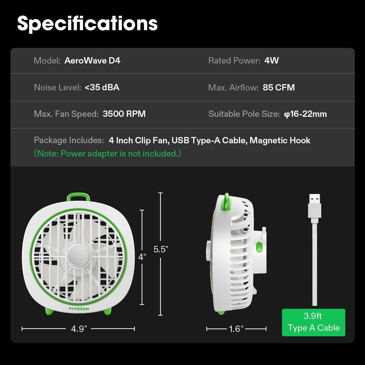 Ventilador de Clip VIVOSUN VSF-AWD4Wx2 4" Blanco 3 Velocidades