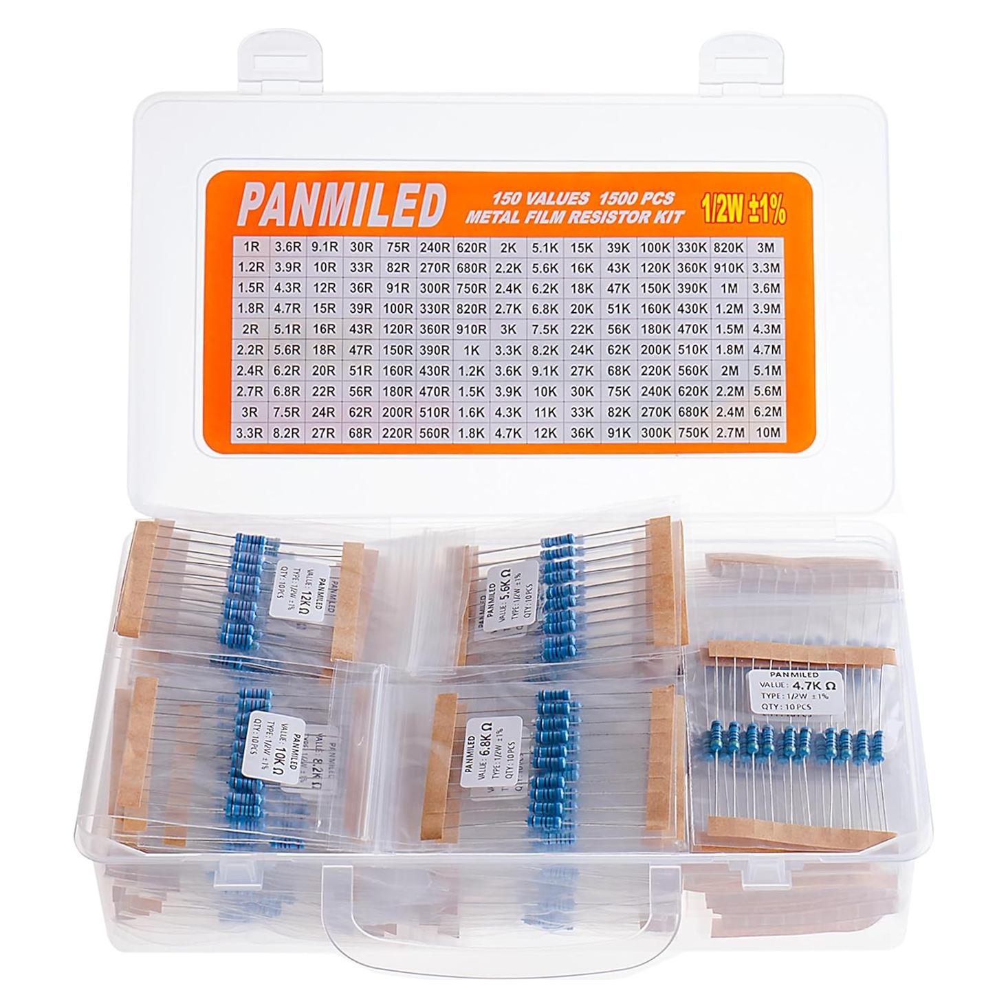 Kit de Resistores PANMILED 150 Valores 1500 Piezas 1/2W 1%