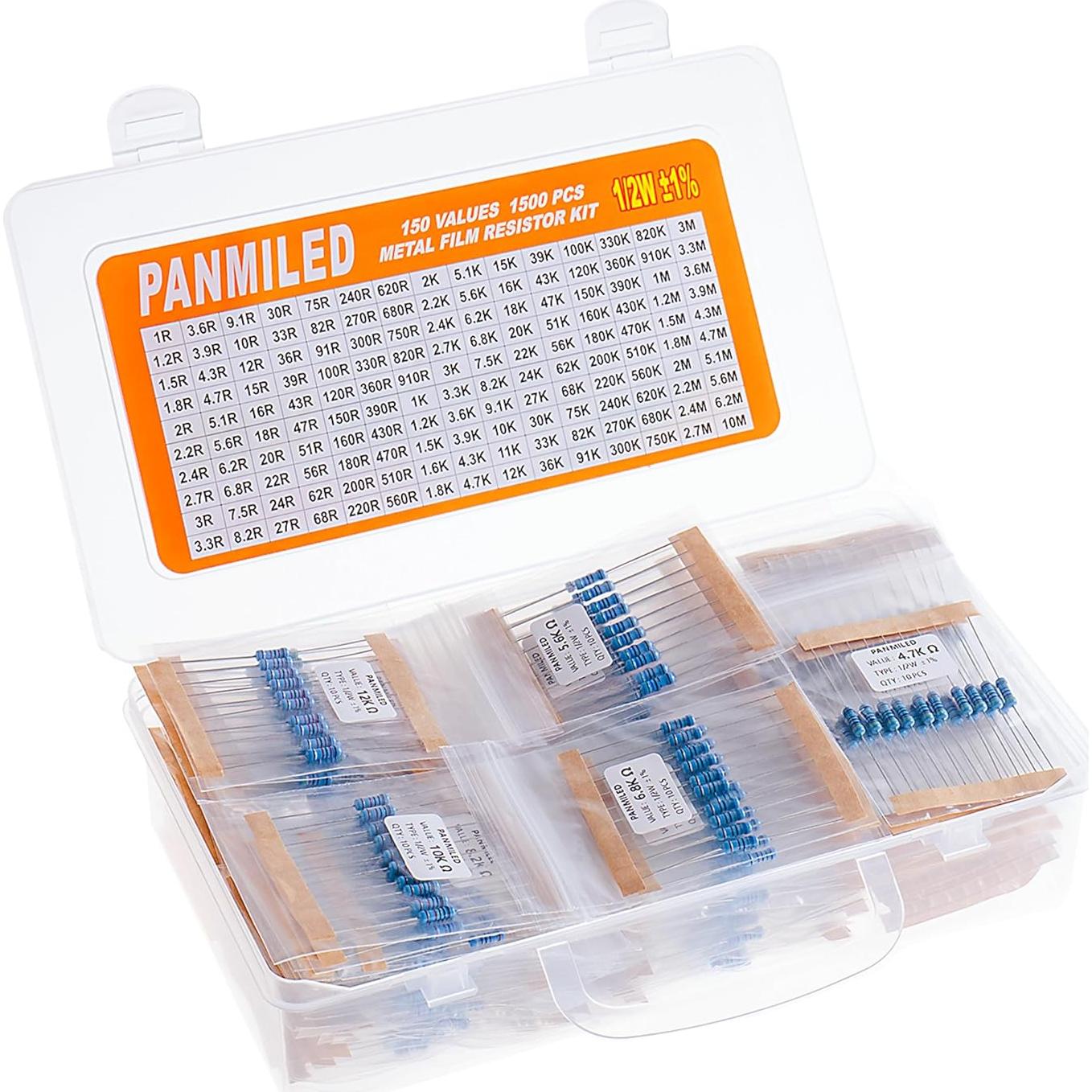 Kit de Resistores PANMILED 150 Valores 1500 Piezas 1/2W 1%