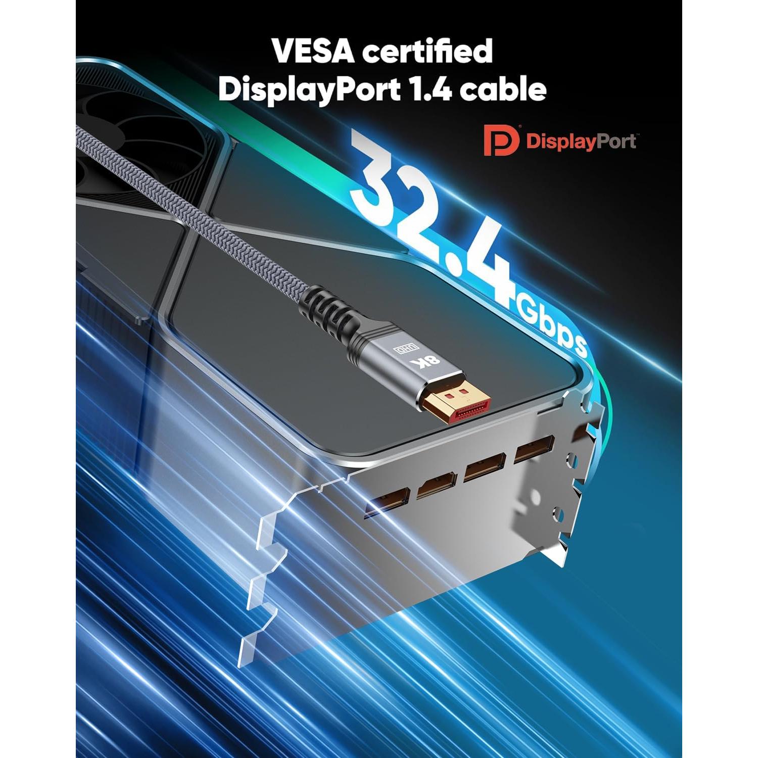 DisplayPort Cable 1.4, [VESA Certified] 8K 4K DP Cable, Display Port Cable 8K@60Hz, 4K@144Hz, 2K@240Hz, 32.4Gbps, High Refresh Rate for Gaming Monitor, HBR3, HDR, 1.6FT 3.3FT 5FT 6.6FT 9.8FT