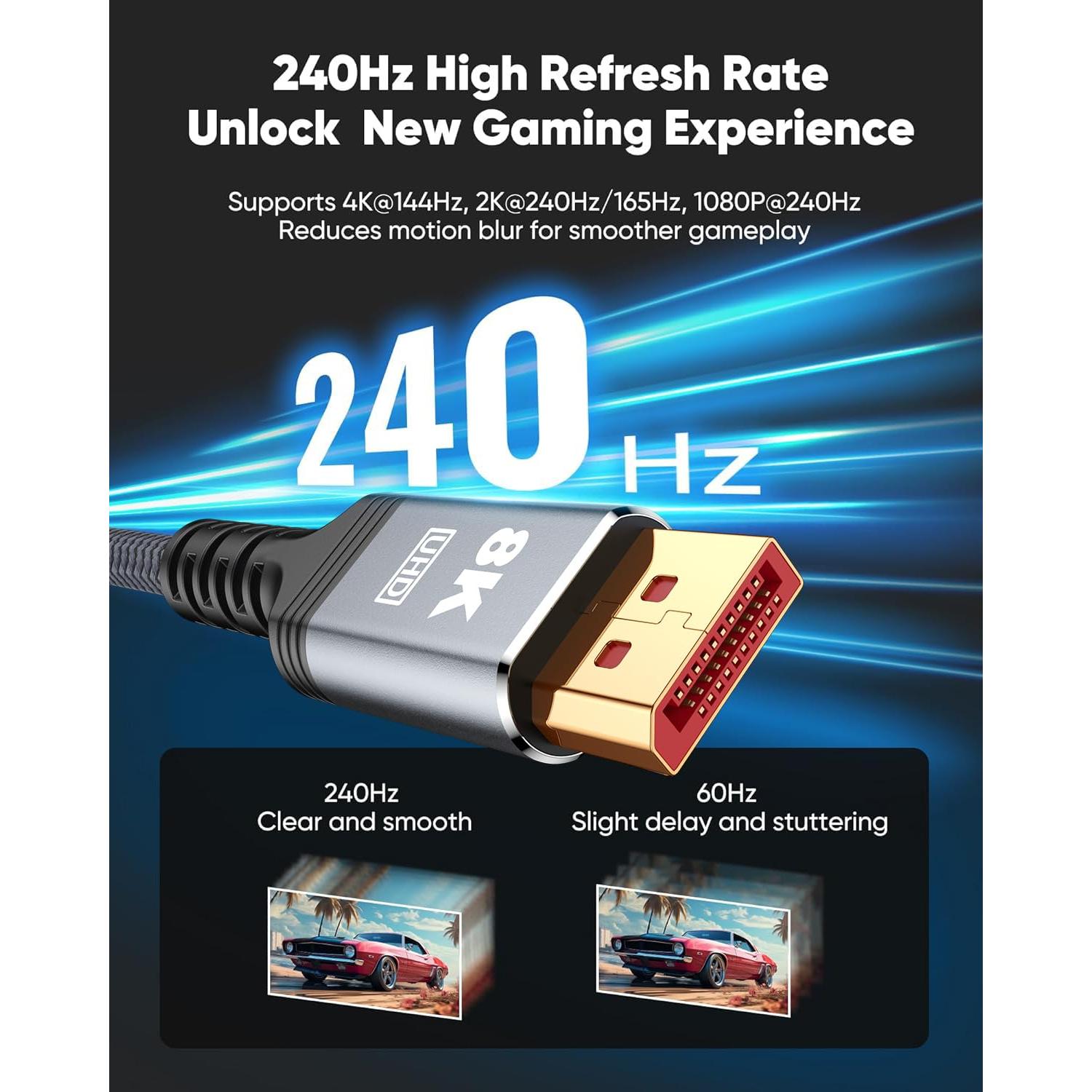 DisplayPort Cable 1.4, [VESA Certified] 8K 4K DP Cable, Display Port Cable 8K@60Hz, 4K@144Hz, 2K@240Hz, 32.4Gbps, High Refresh Rate for Gaming Monitor, HBR3, HDR, 1.6FT 3.3FT 5FT 6.6FT 9.8FT