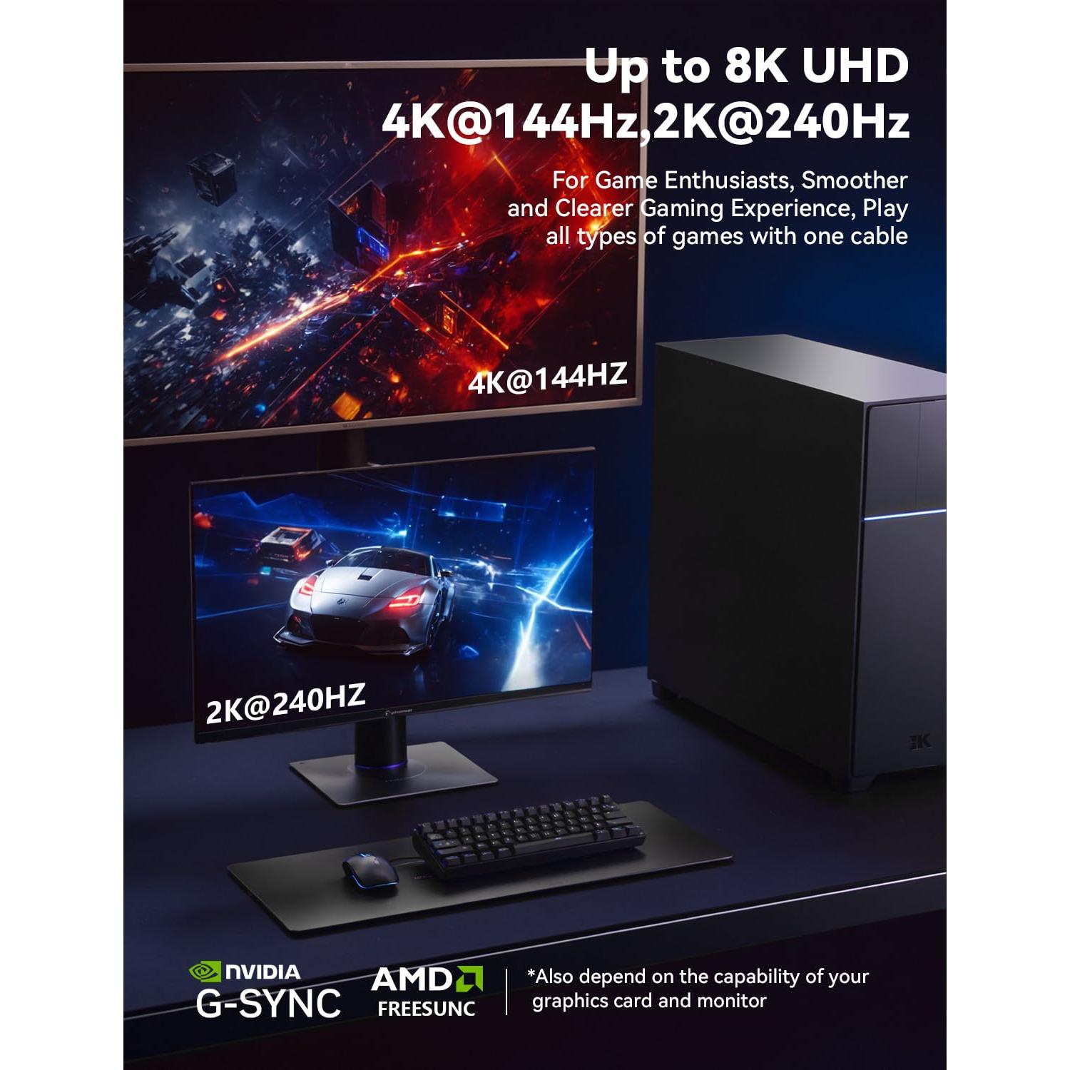 DisplayPort Cable 1.4, [VESA Certified] 8K 4K DP Cable, Display Port Cable 8K@60Hz, 4K@144Hz, 2K@240Hz, 32.4Gbps, High Refresh Rate for Gaming Monitor, HBR3, HDR, 1.6FT 3.3FT 5FT 6.6FT 9.8FT