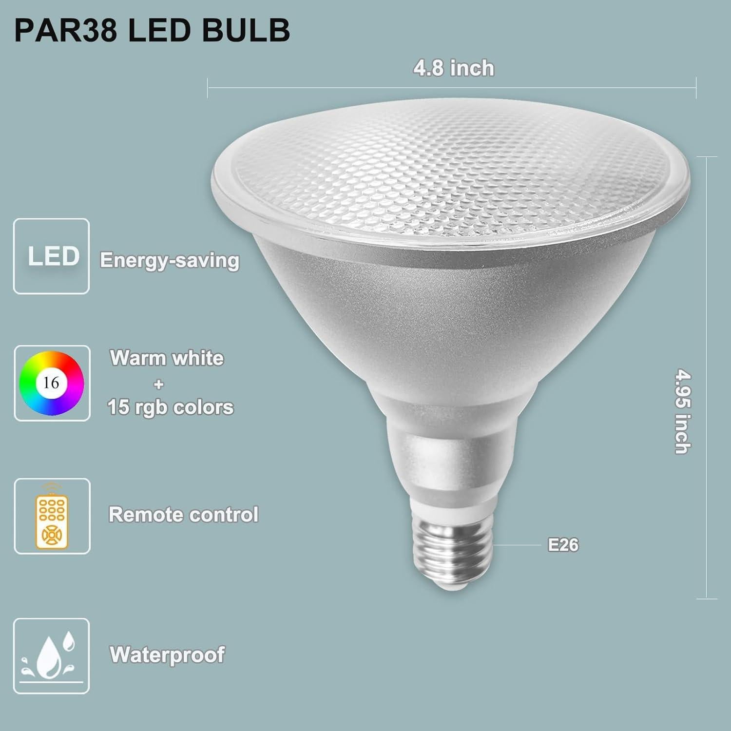 Bombilla LED Par38 30W E26 RGB y Blanco Cálido con Control Remoto