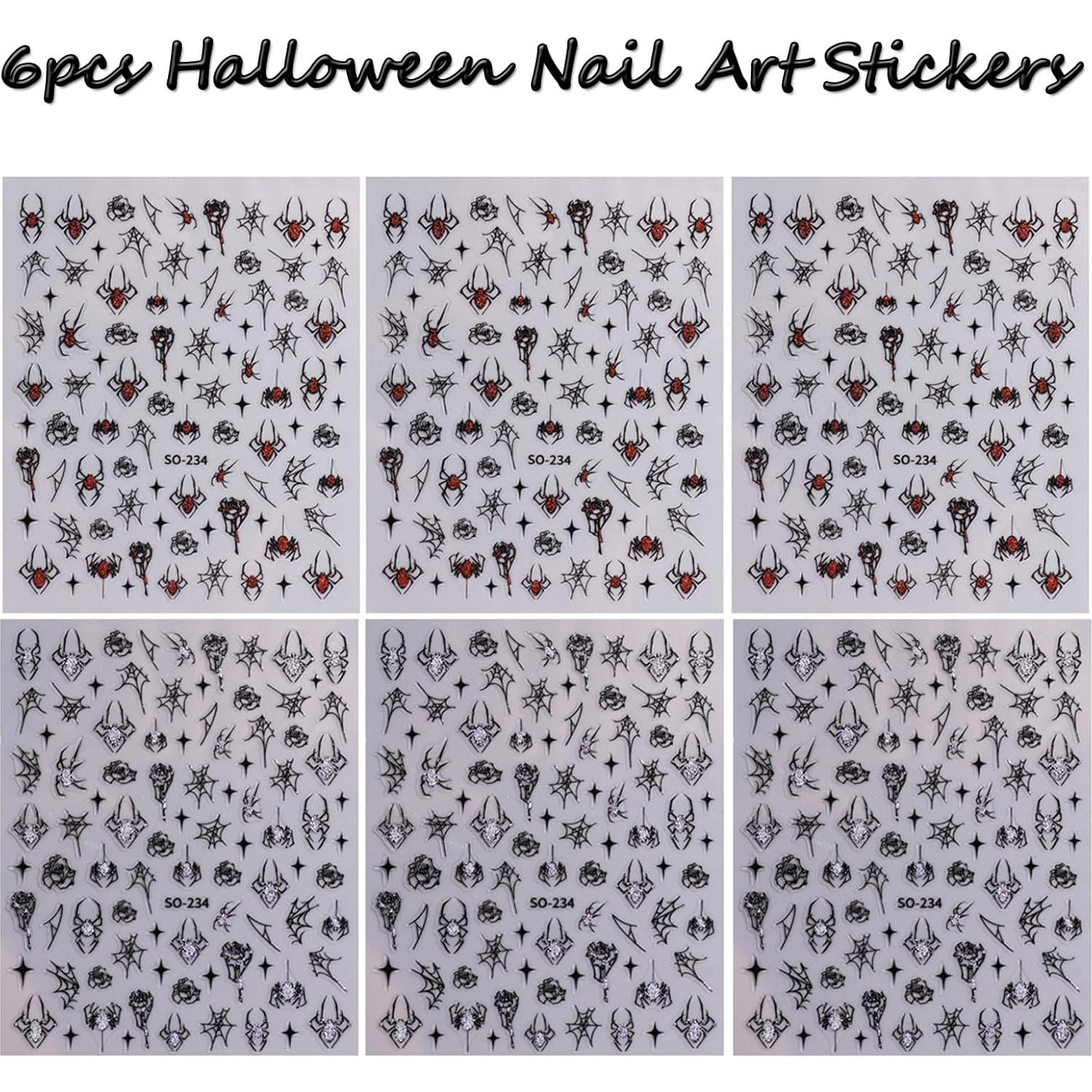 Calcomanías de Uñas 3D Halloween ZJHGDR 6 Hojas Arañas