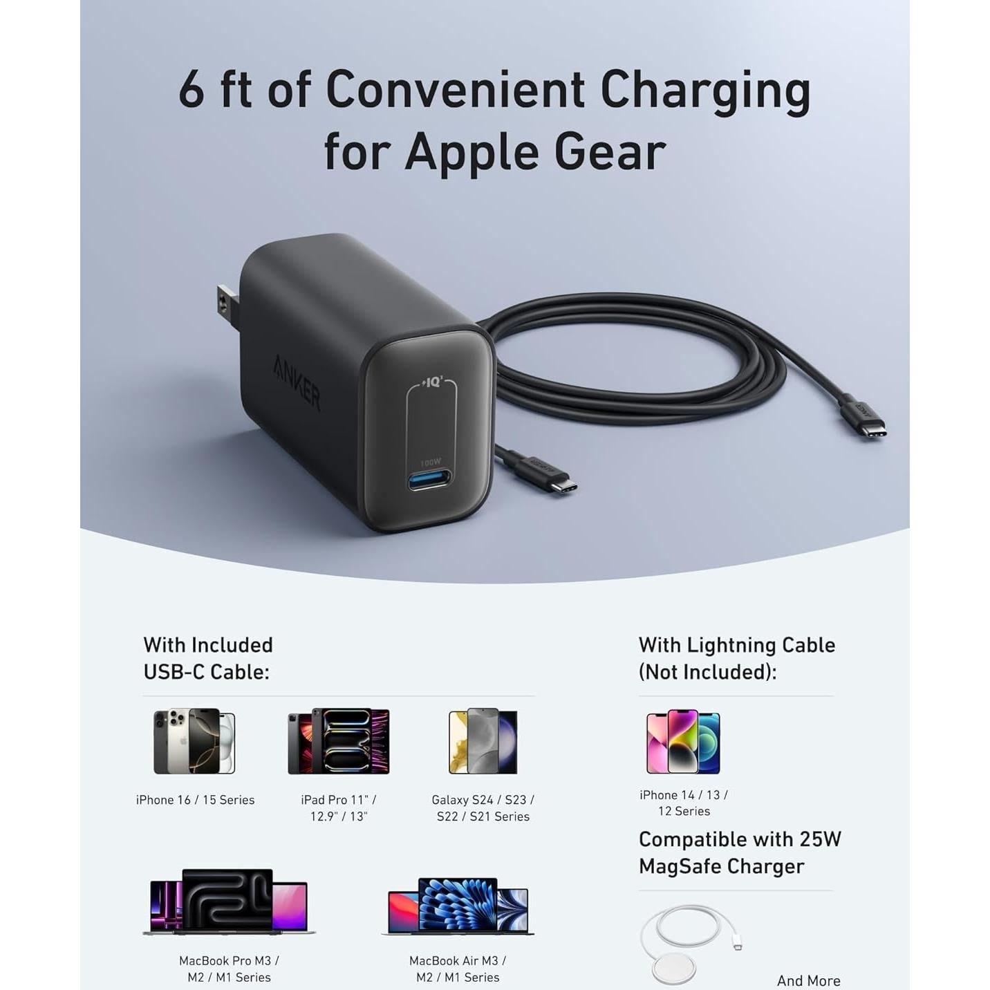 Cargador Anker Nano 100W Tipo C Plegable Negro con Cable 1.8m