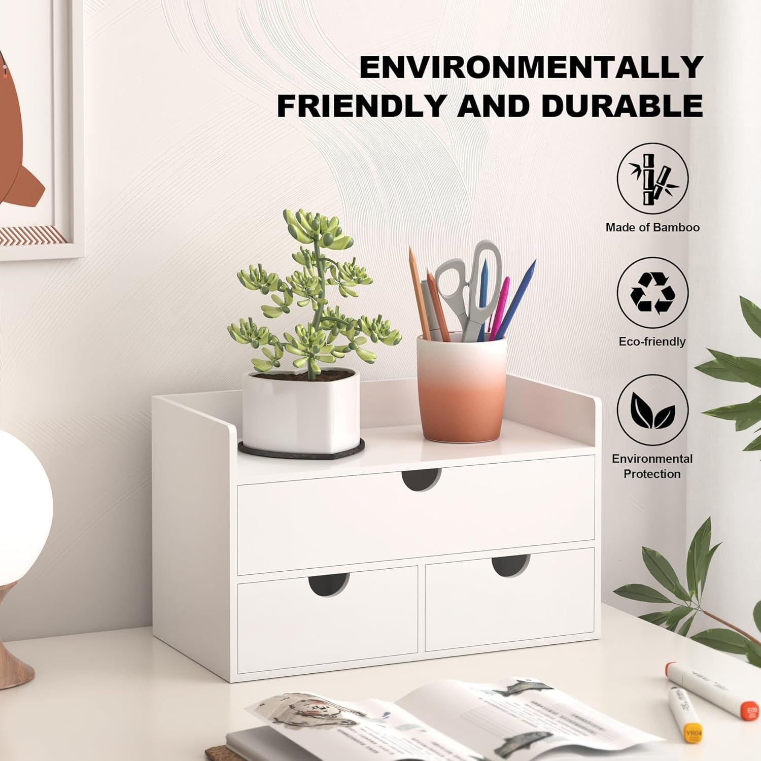 Organizador de Escritorio Wisuce de Bambú Blanco 3 Cajones