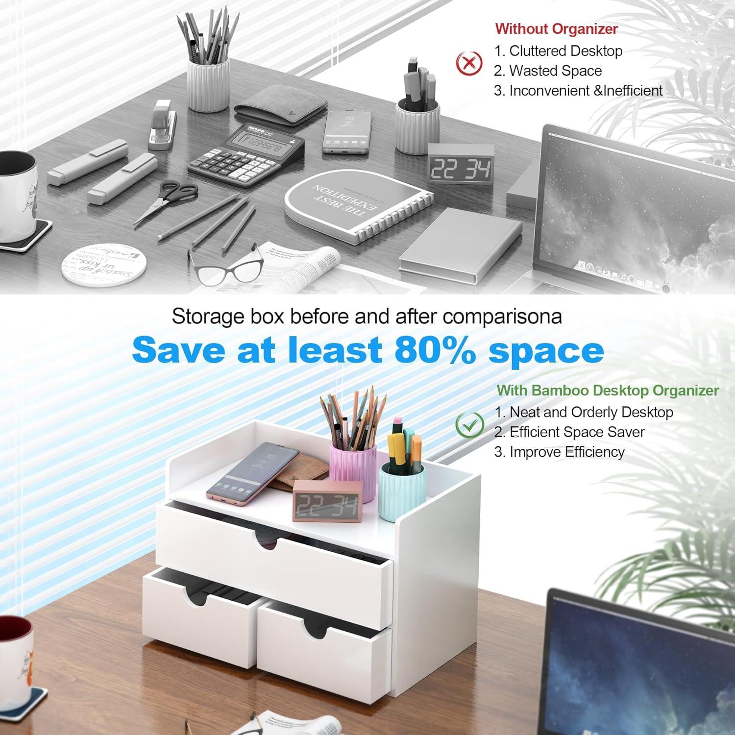 Organizador de Escritorio Wisuce de Bambú Blanco 3 Cajones